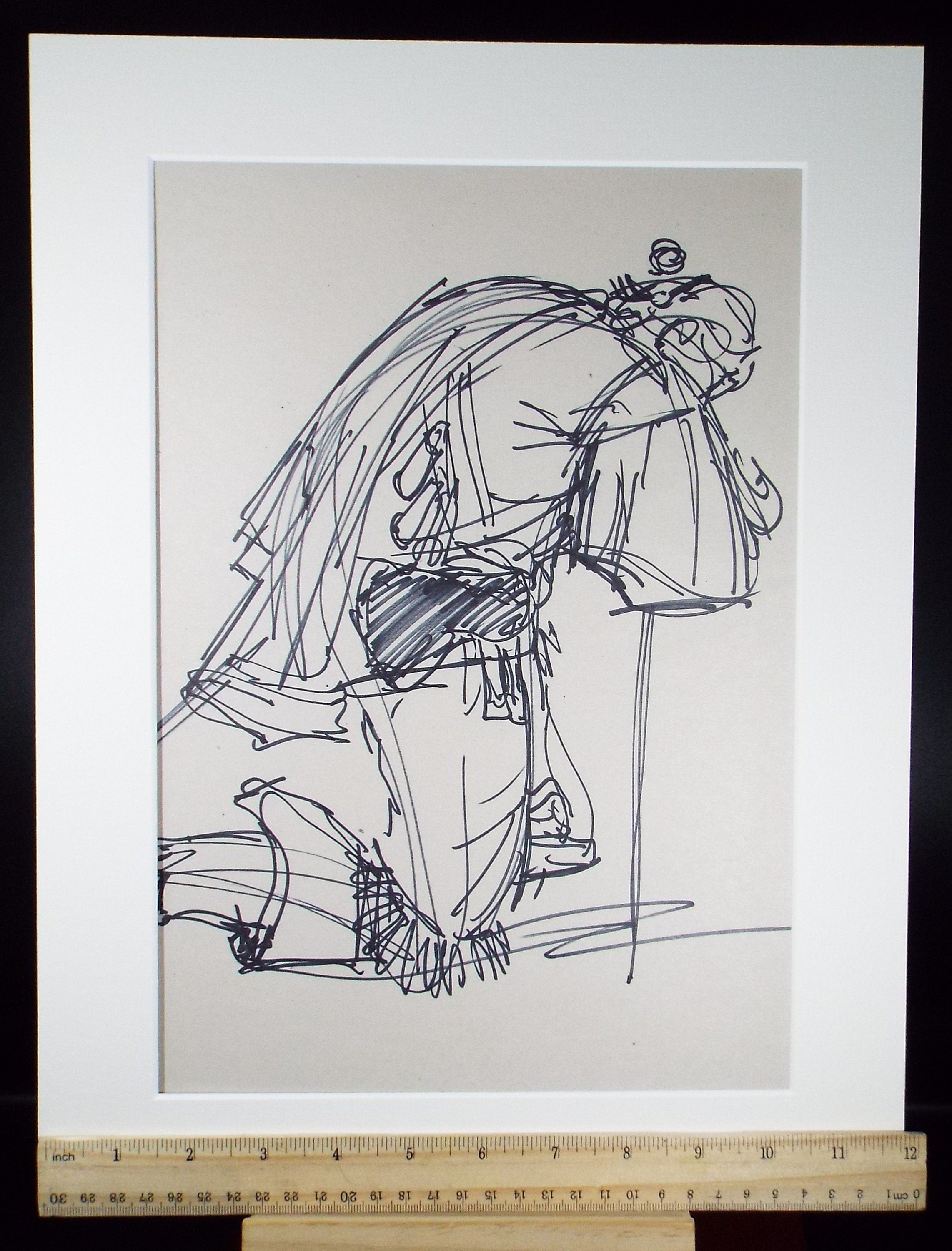 Original Pen & Ink Sketch,'Kneeling Figure',Richard Bazley b1962, Circa 1980's