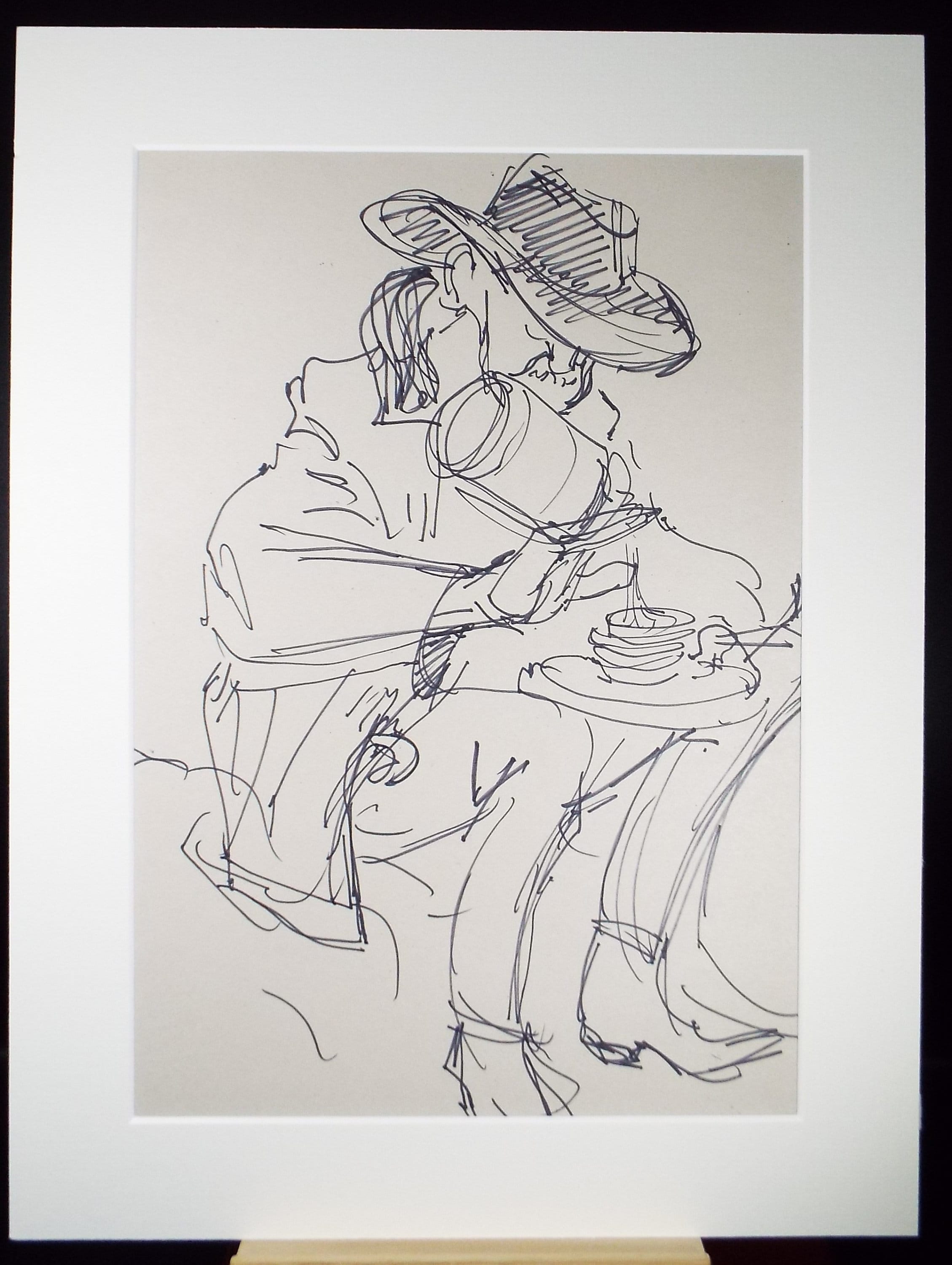 Original Pen & Ink Sketch,'Cowboy pouring coffee',Richard Bazley b1962, Circa 1980's