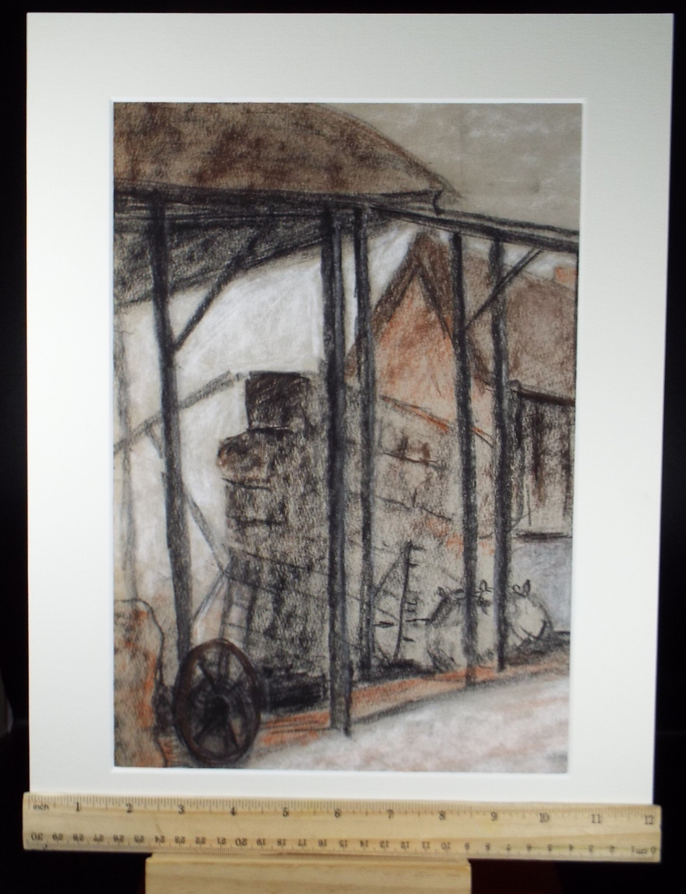 Original Pastel, 'Barn with farm machinery', Circa 1950's, Artist Unknown