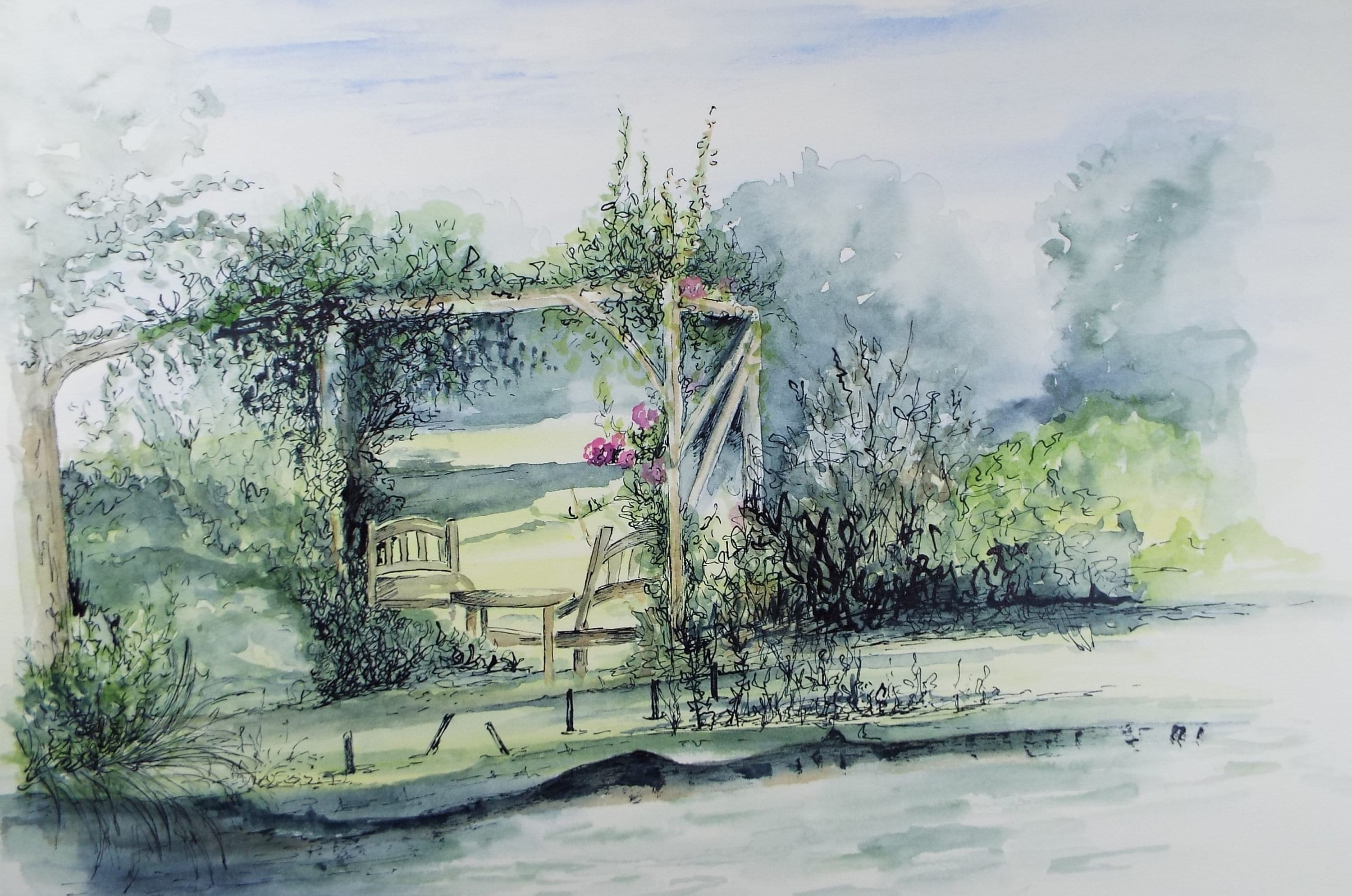 Original Watercolour on Paper, 'Garden Pergola' Circa 1990's, Artist Unknown