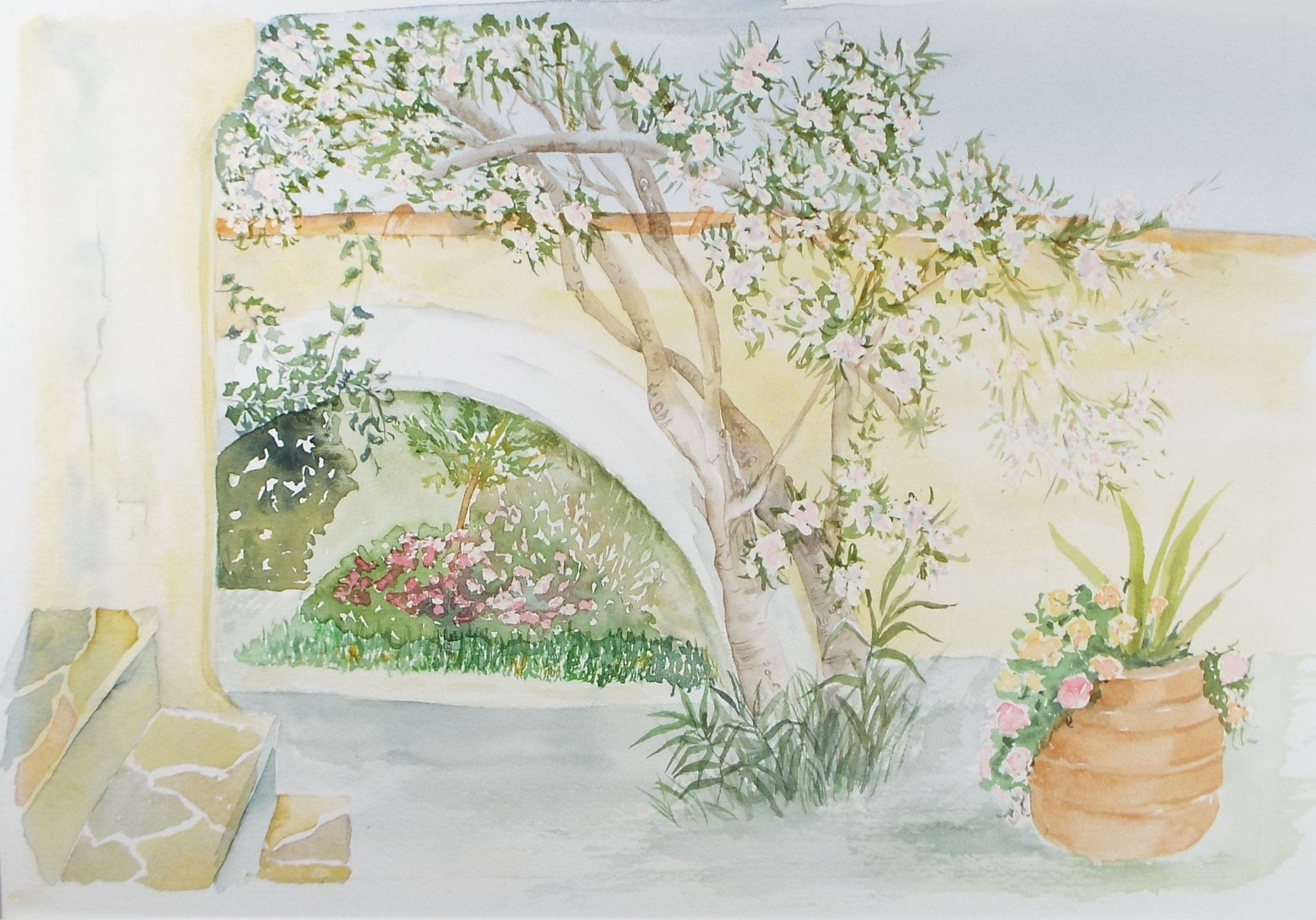 Original Watercolour on Paper, 'Greek Garden' Circa 1990's, Signed Leandros