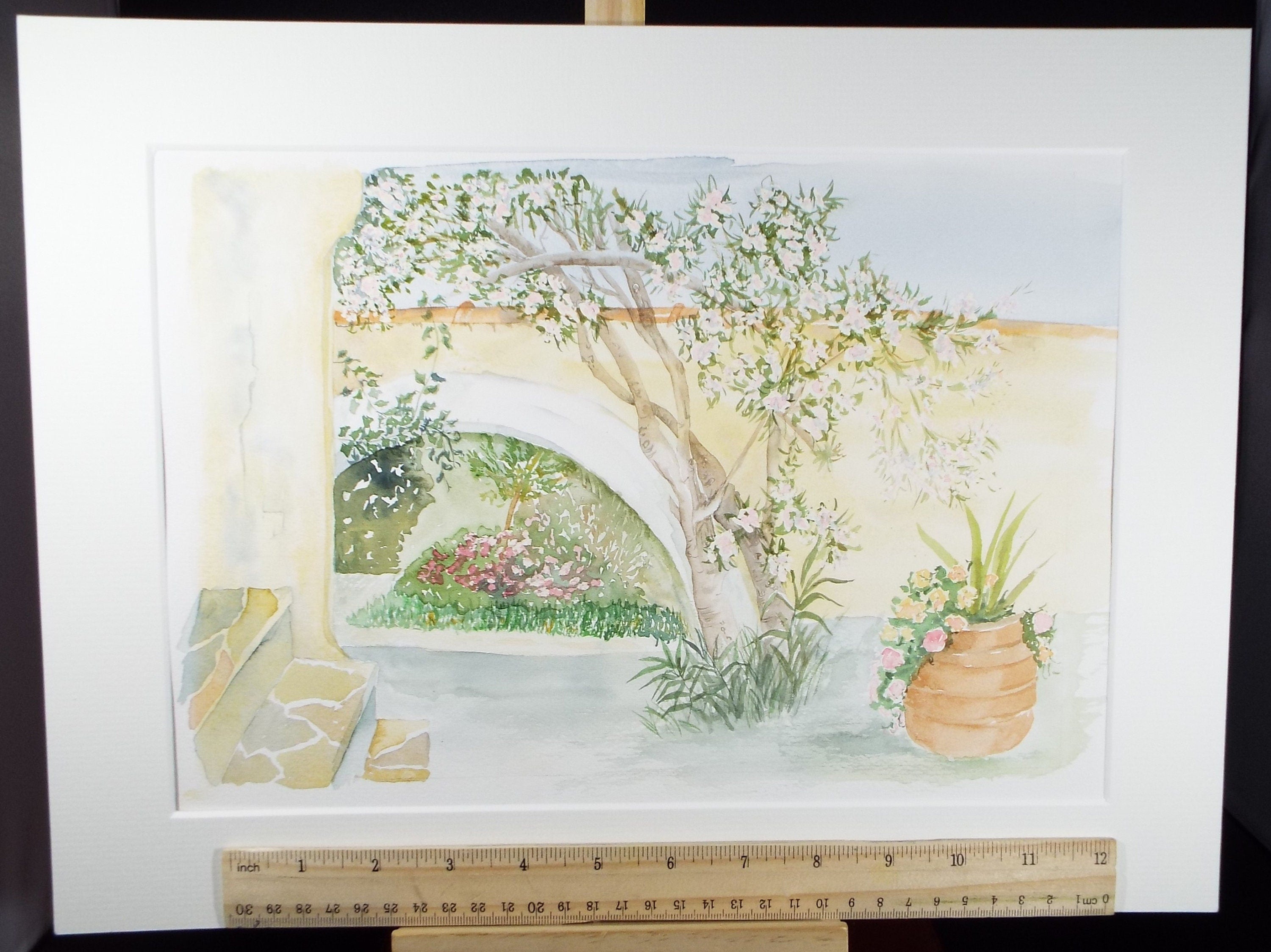 Original Watercolour on Paper, 'Greek Garden' Circa 1990's, Signed Leandros