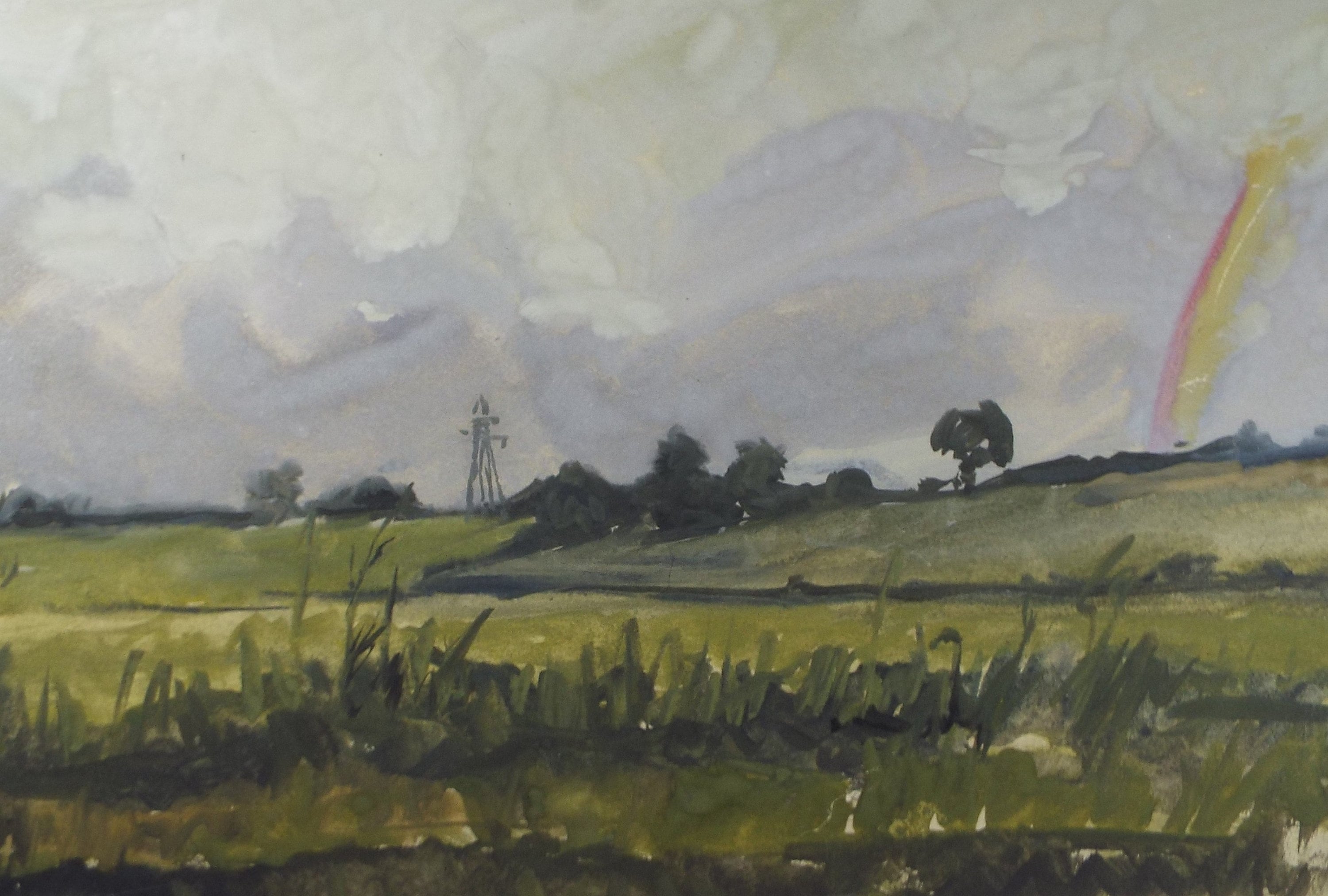 Original Watercolour 'Landscape with Pylon & Rainbow', c1980, Unknown Artist