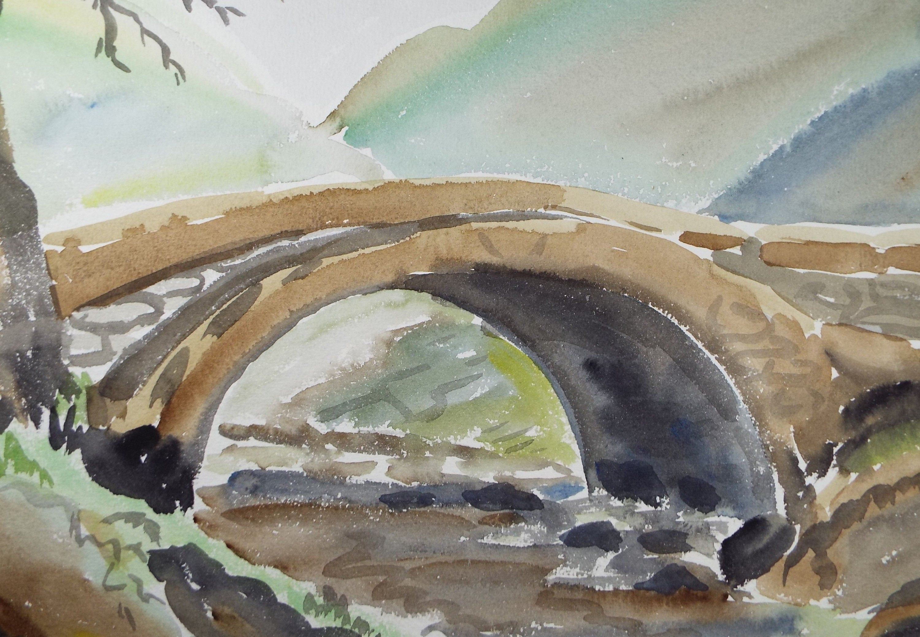 Original Watercolour, 'Bridge over the River, Circa 1940's , Harry Ousey (1915-1985)