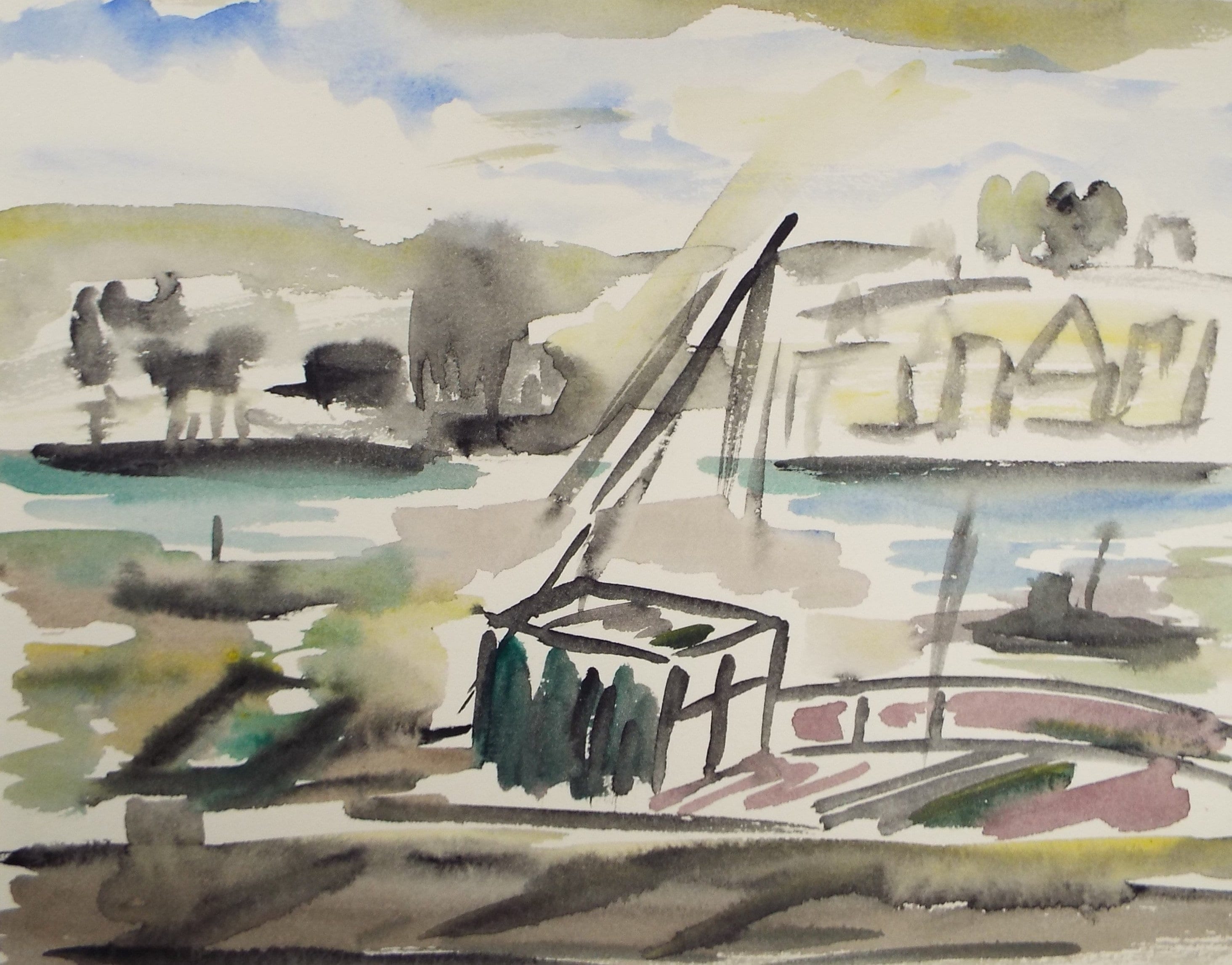 Original Watercolour, 'Quayside Crane and Cargo', Circa 1950's , Harry Ousey (1915-1985)