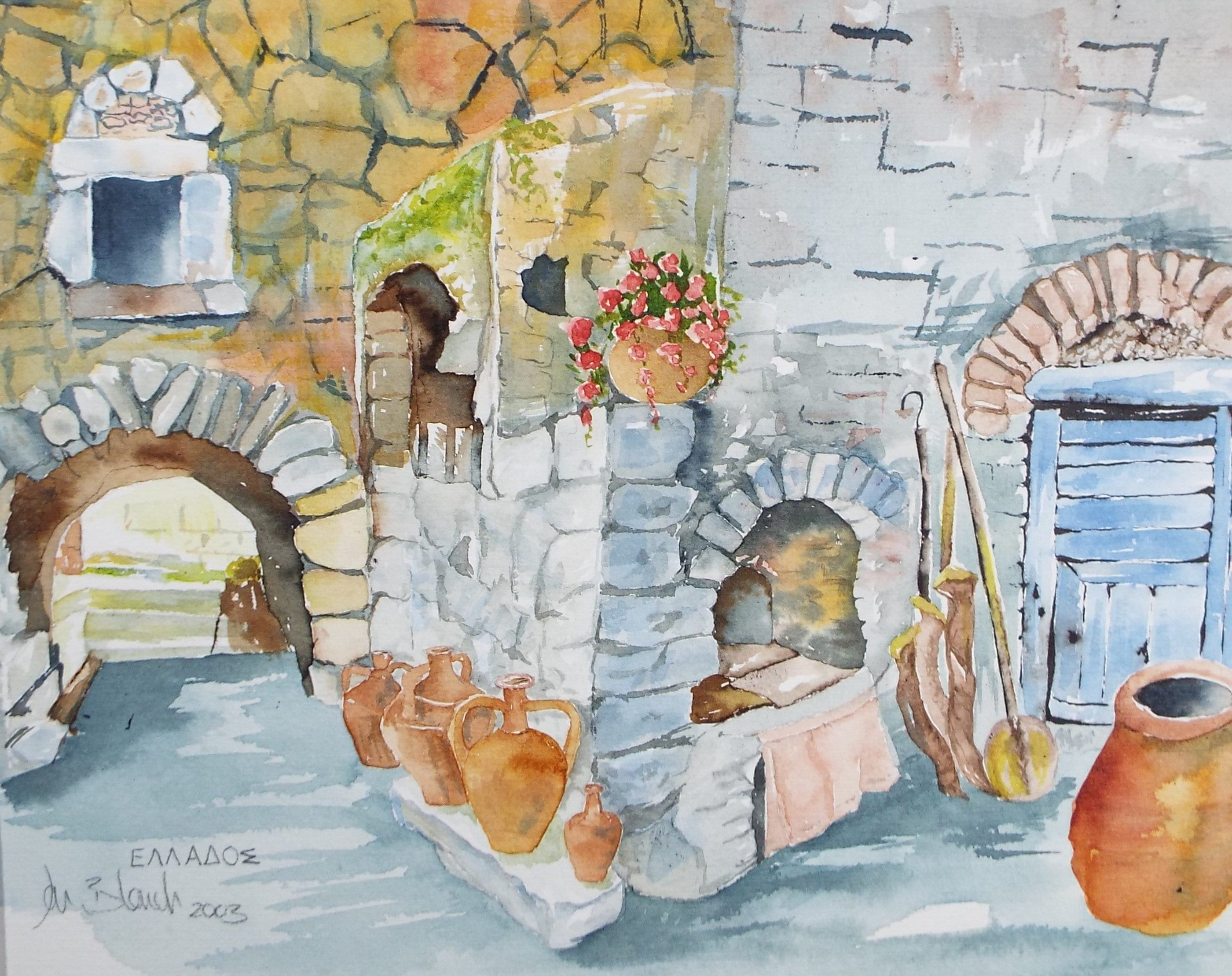 Original Watercolour on Paper, 'Greek Farmhouse ' Dated 2003, Signed Blanche