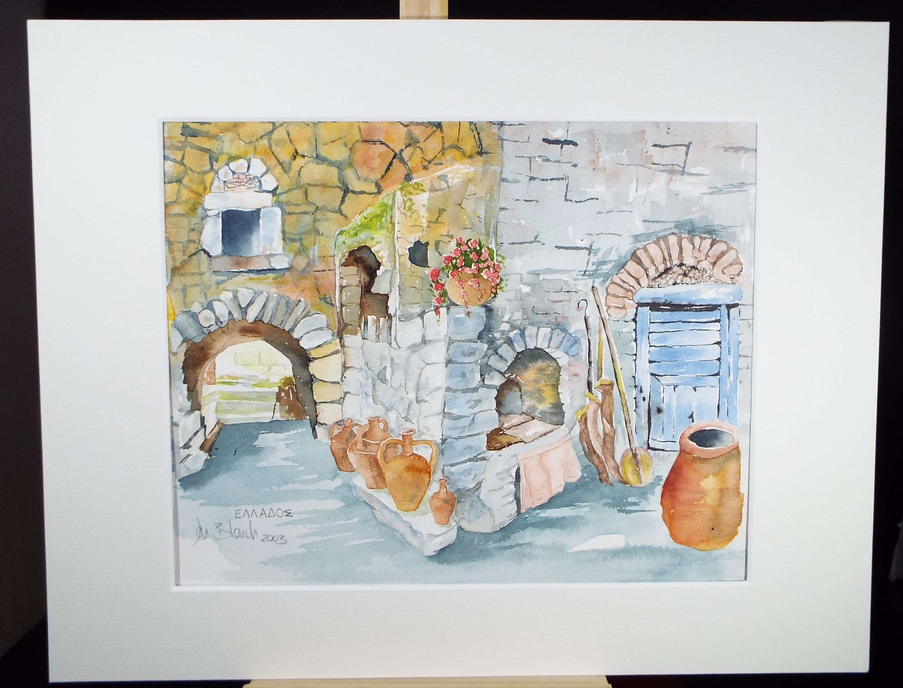 Original Watercolour on Paper, 'Greek Farmhouse ' Dated 2003, Signed Blanche