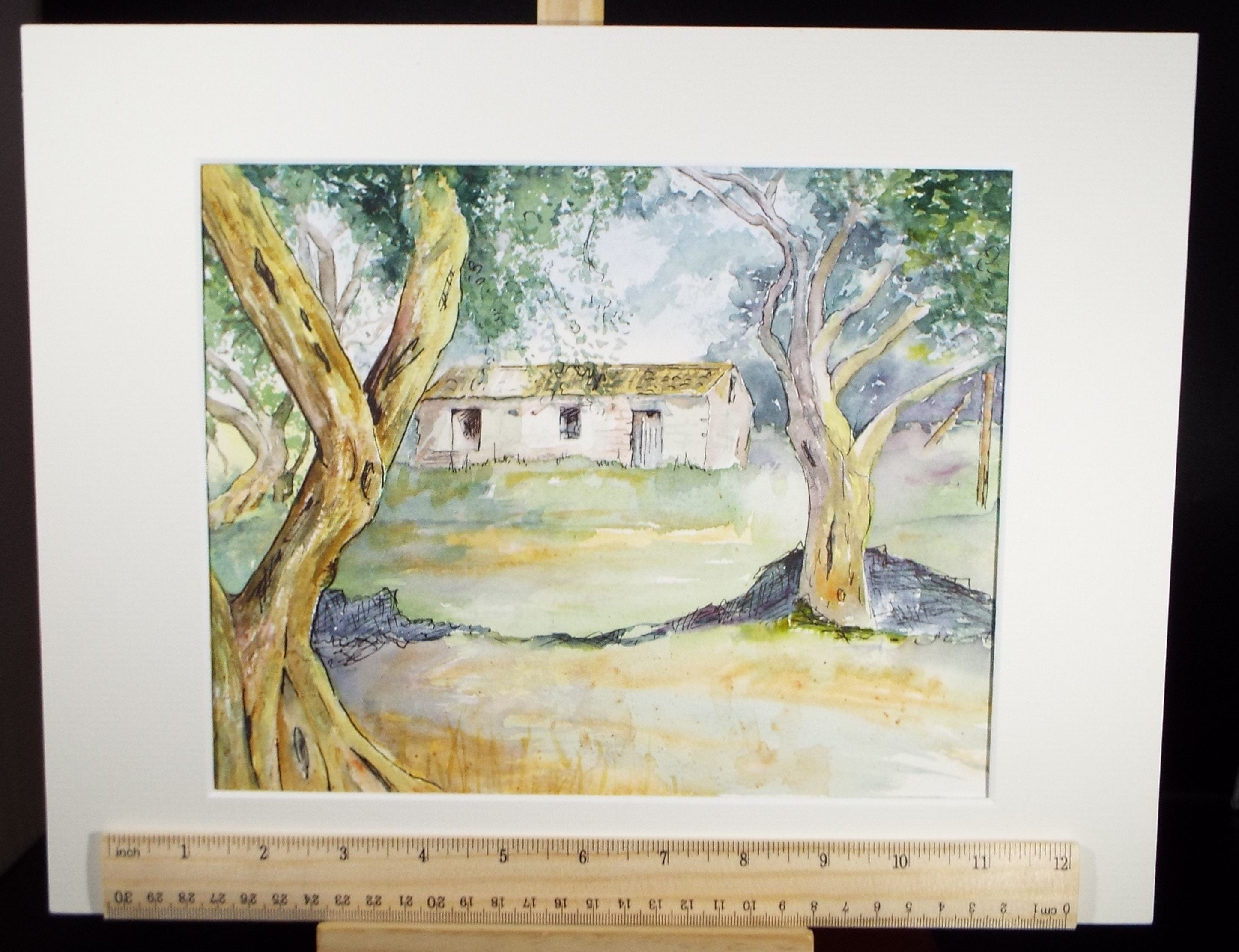 Original Watercolour on Paper, 'Greek Farmhouse with Olive Trees' circa 2003