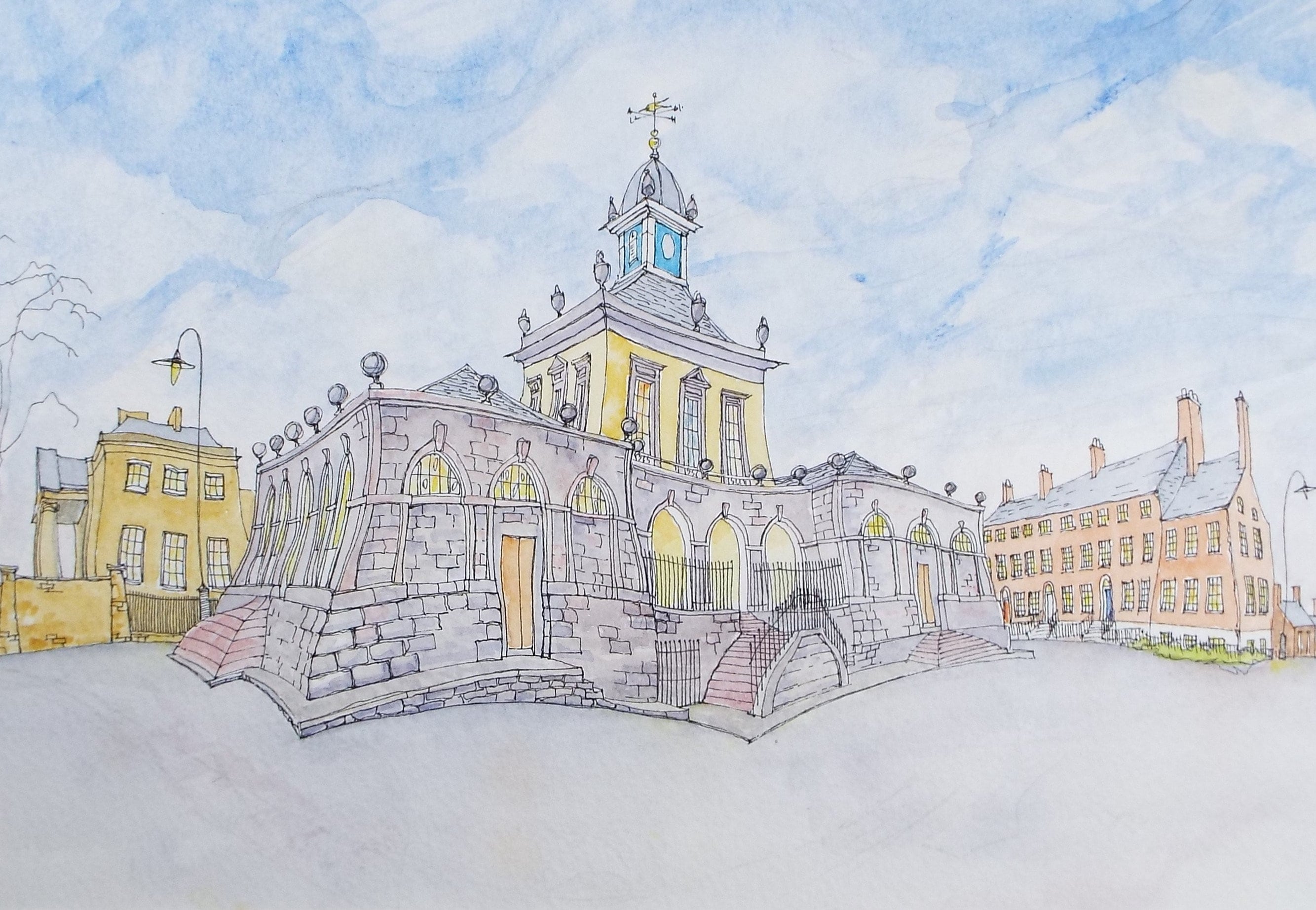 Original Watercolour, 'Town Hall', circa 1990's Artist Unknown