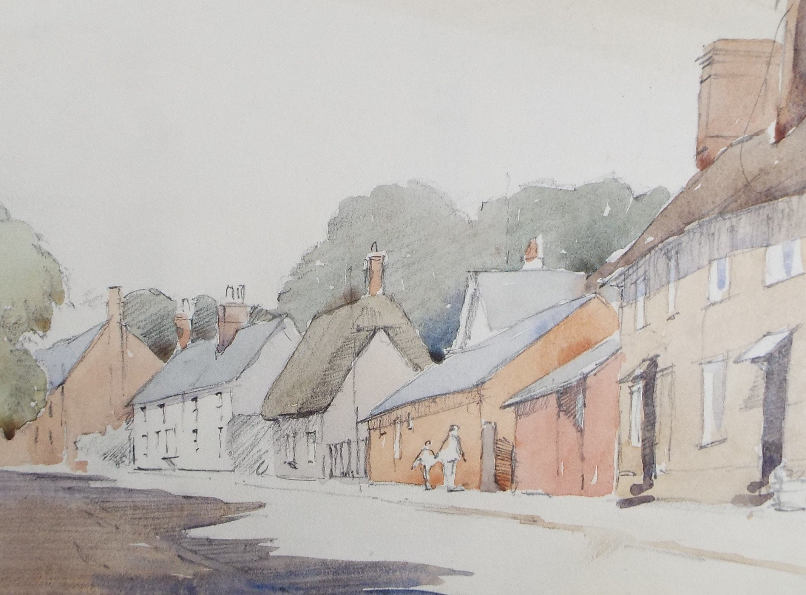 Original Watercolour, 'Village Street', Circa 1950's ,Artist Unknown