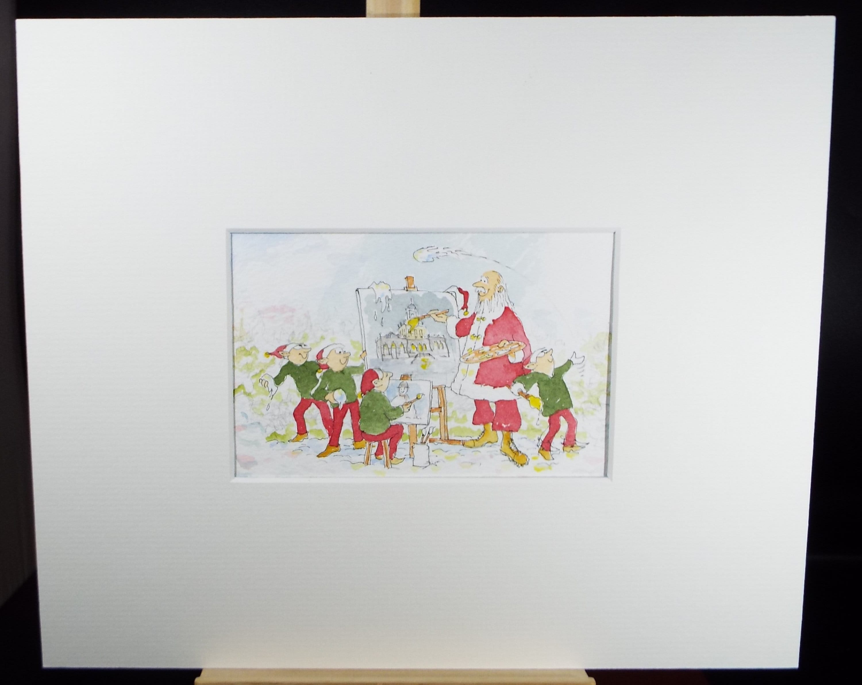 Original Watercolour, 'Santa and his Elves - art Class', Circa 2000, artist unknown