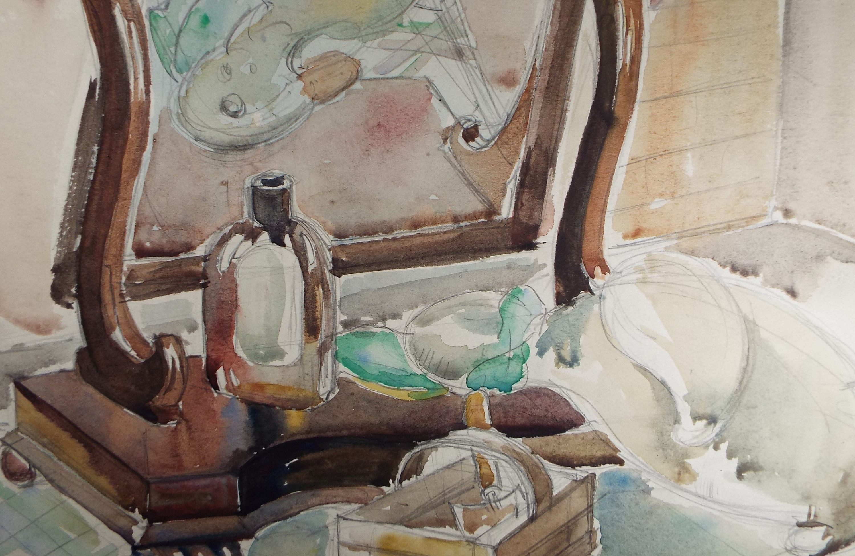 Original Watercolour, 'Still Life with Dressing Table', Circa 1950's , David William Burley (1901-1990)