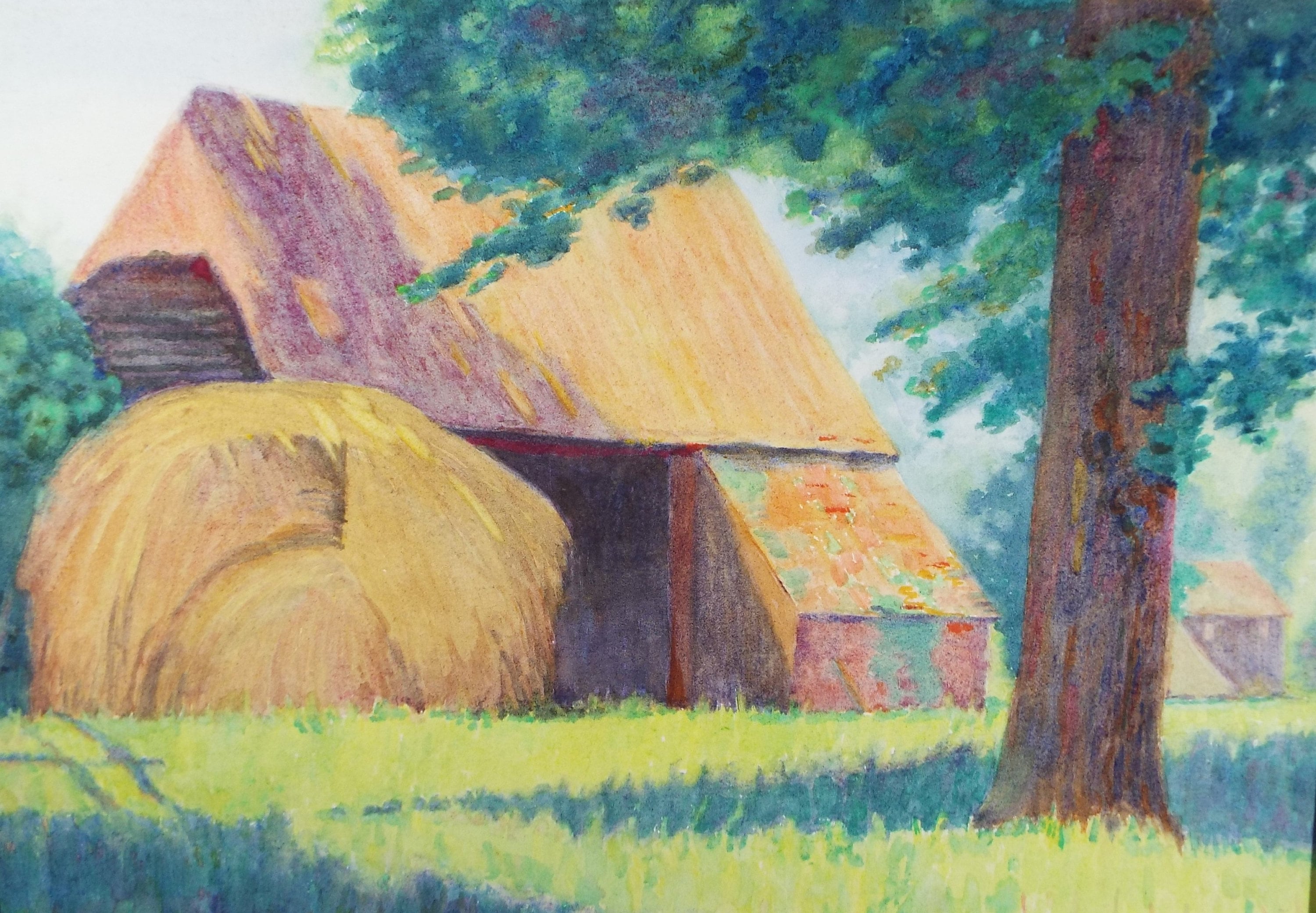 OriginalWatercolour, 'Barn and Haystack', Circa 1950' , Artist Unknown