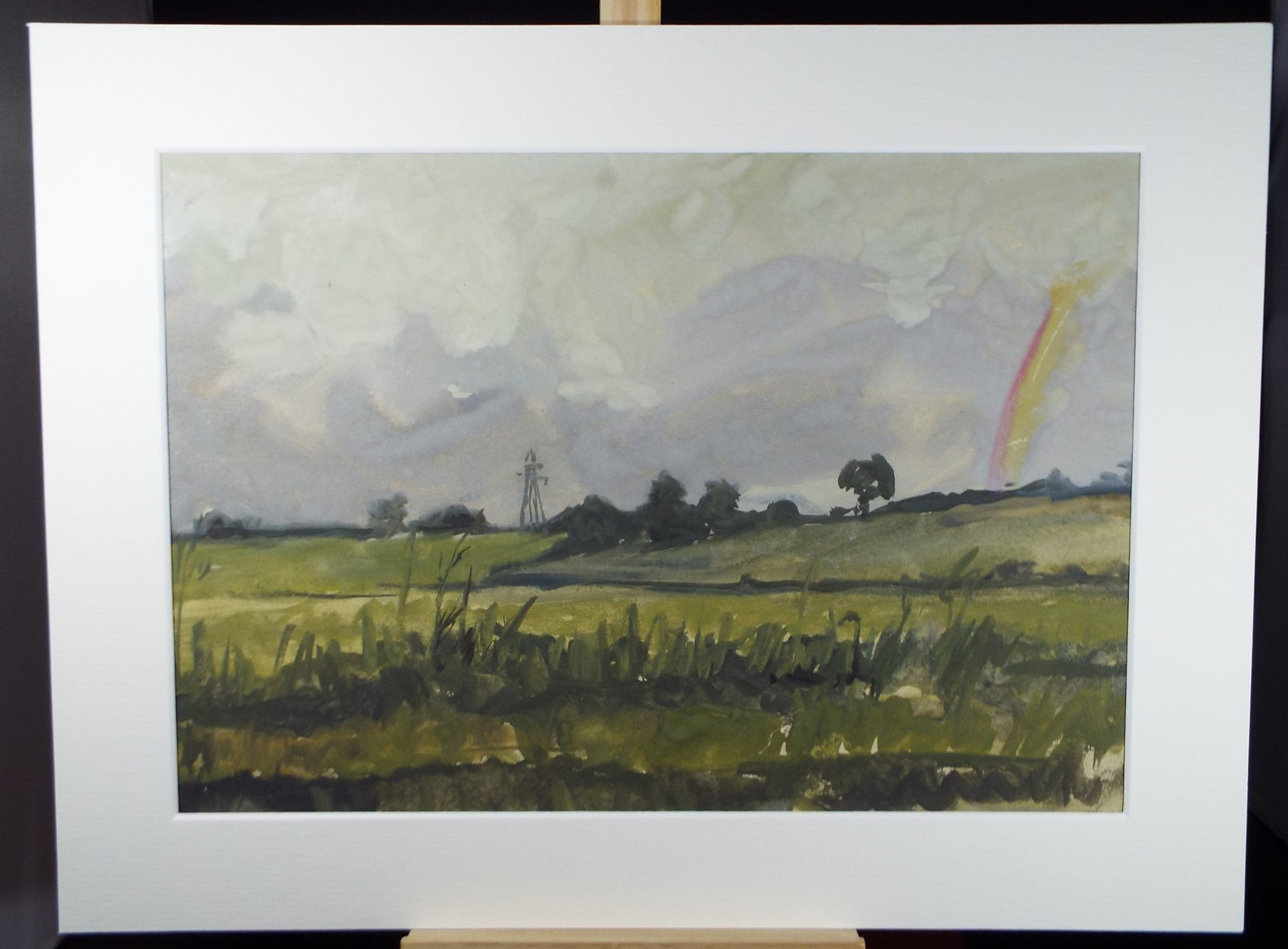 Original Watercolour 'Landscape with Pylon & Rainbow', c1980, Unknown Artist