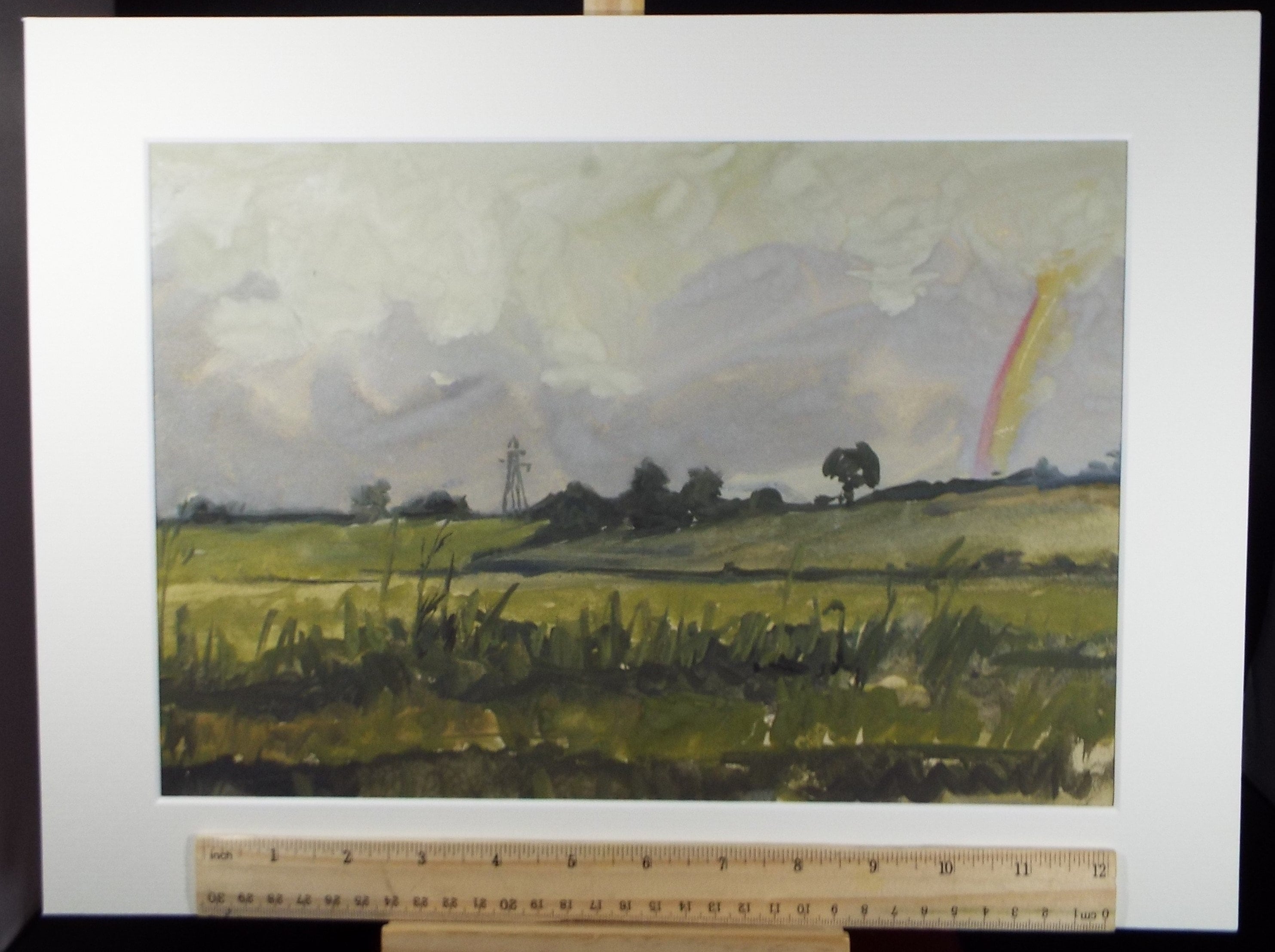 Original Watercolour 'Landscape with Pylon & Rainbow', c1980, Unknown Artist