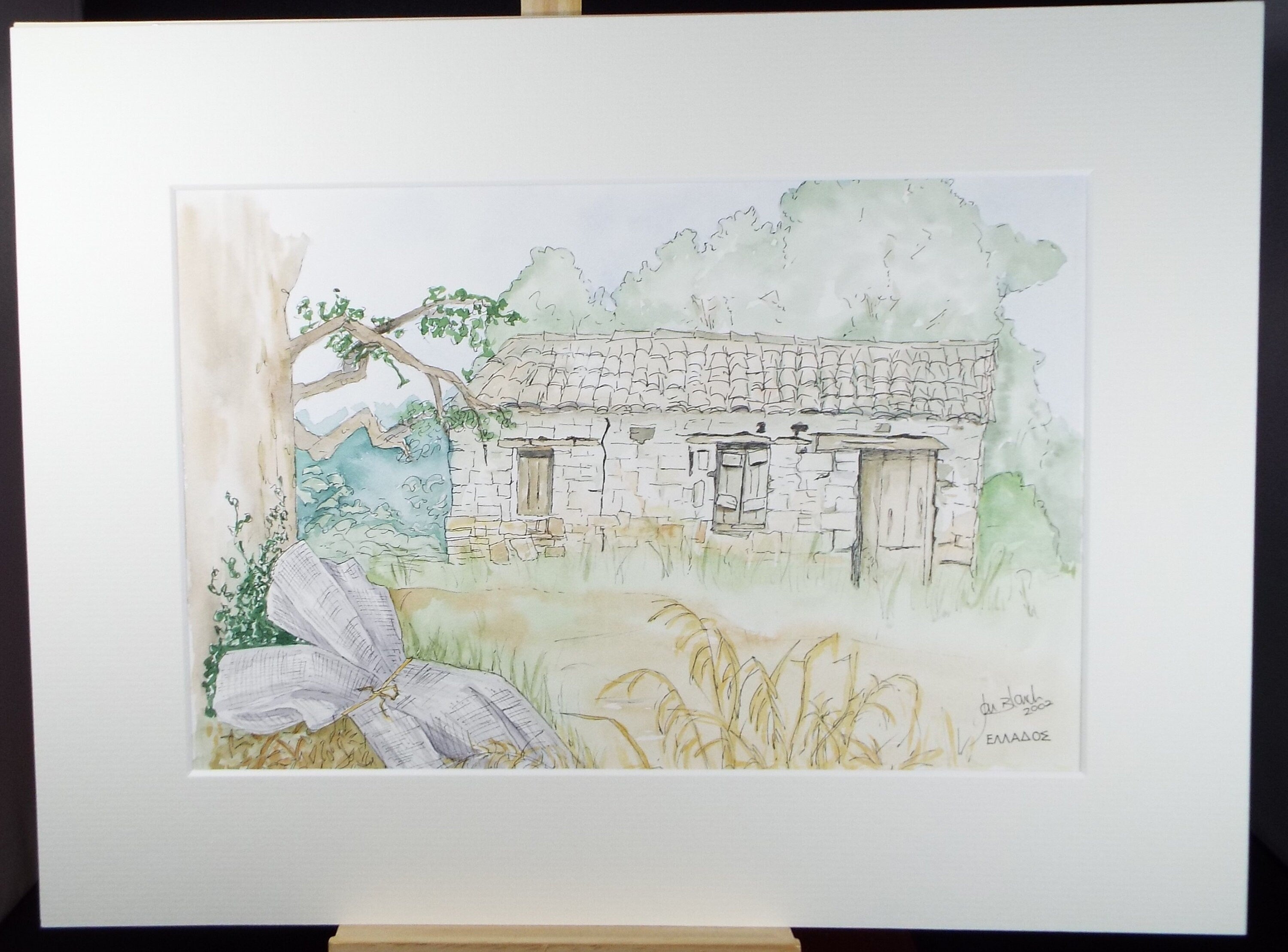 Original Watercolour on Paper, 'Greek Farmhouse ' Dated 2002, Signed Blanche