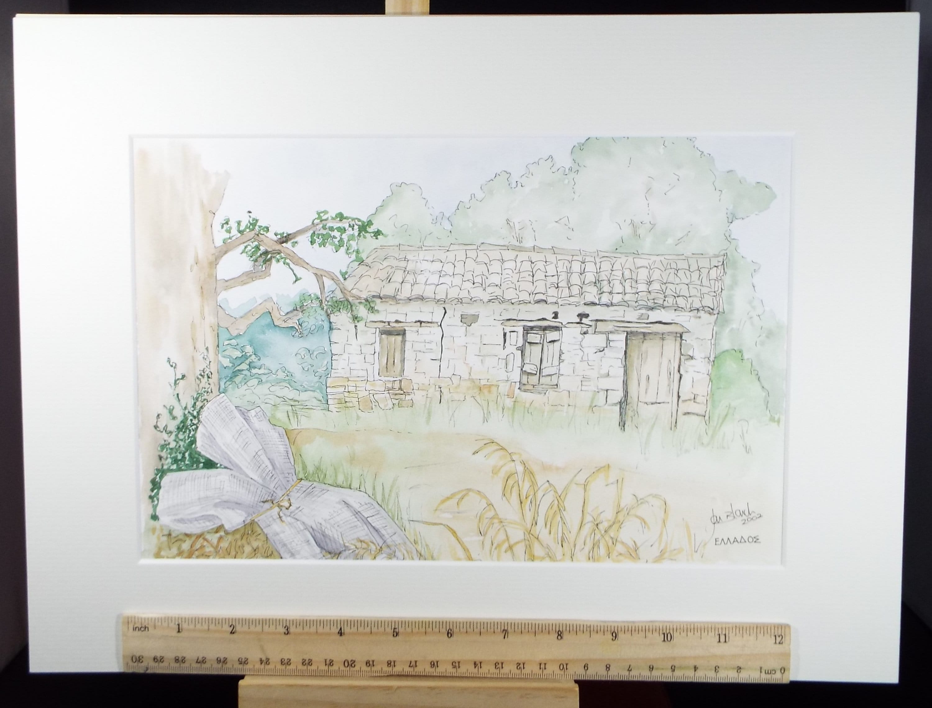 Original Watercolour on Paper, 'Greek Farmhouse ' Dated 2002, Signed Blanche