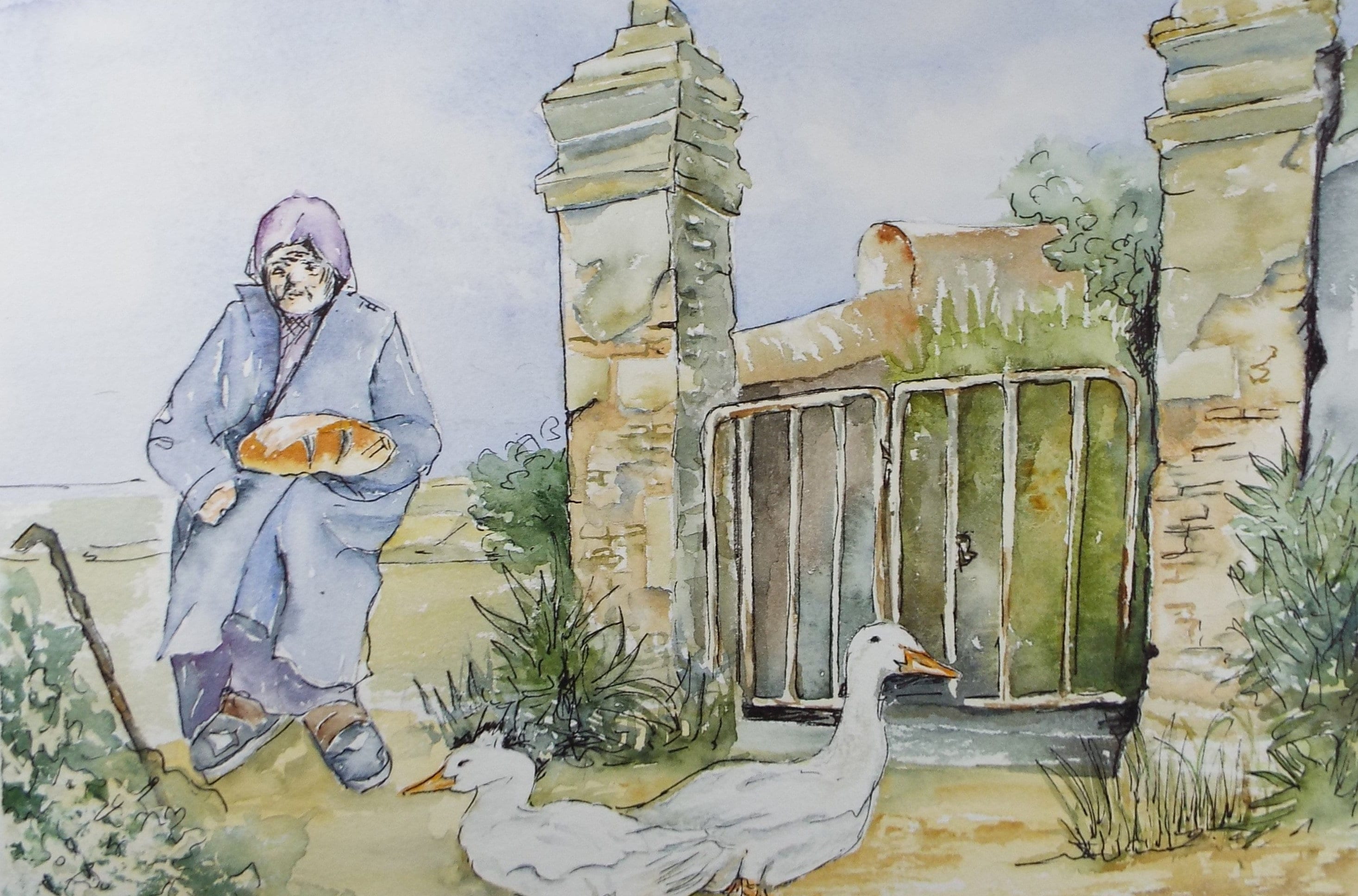 Original Watercolour on Paper, 'Woman with Geese' Circa 1990's