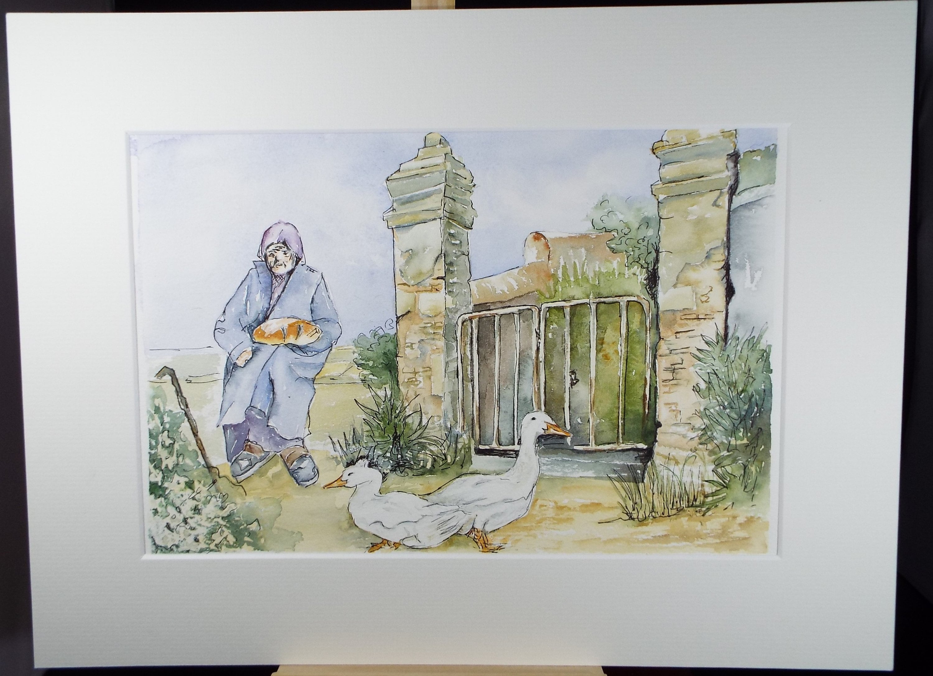 Original Watercolour on Paper, 'Woman with Geese' Circa 1990's