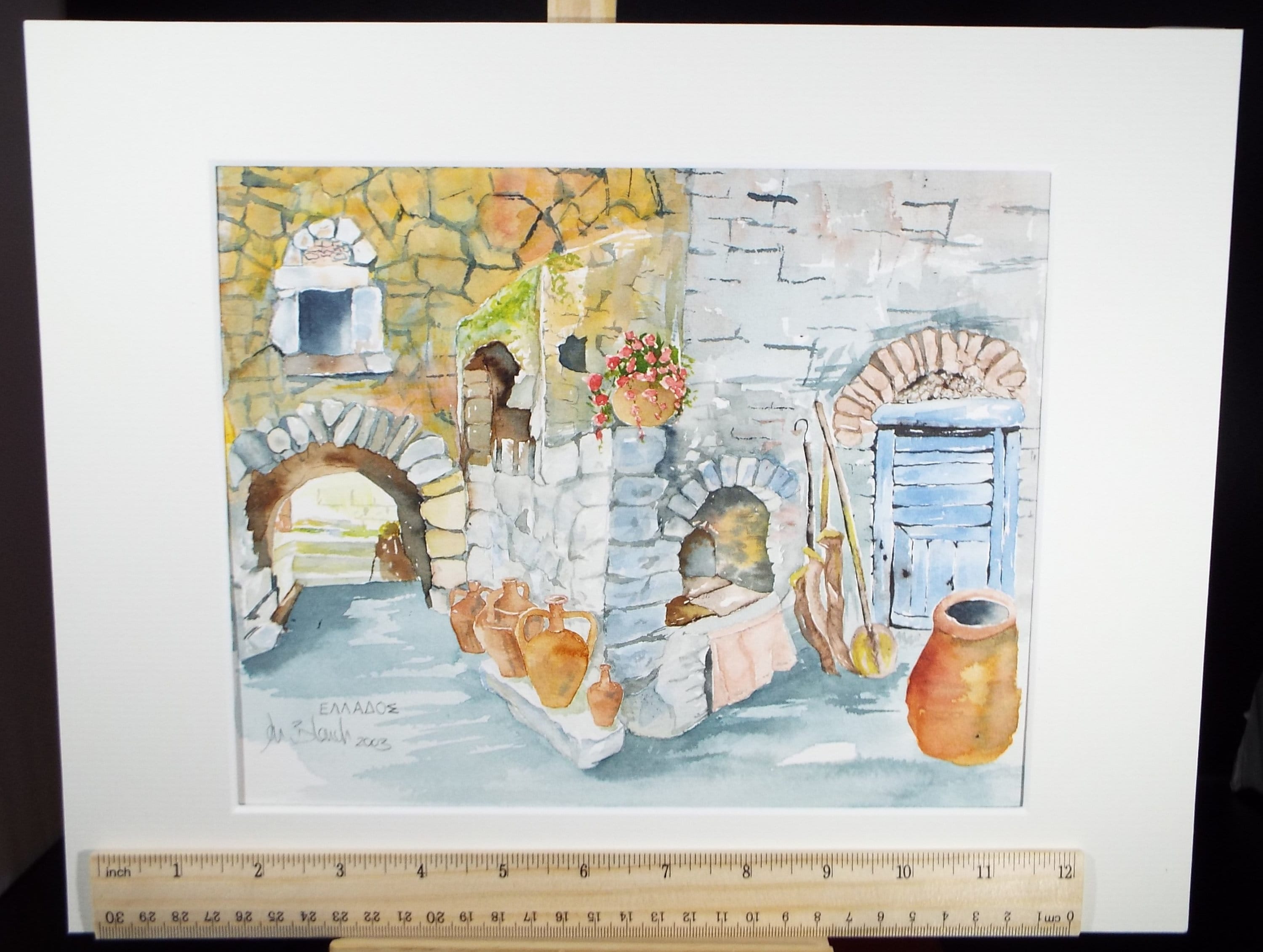 Original Watercolour on Paper, 'Greek Farmhouse ' Dated 2003, Signed Blanche