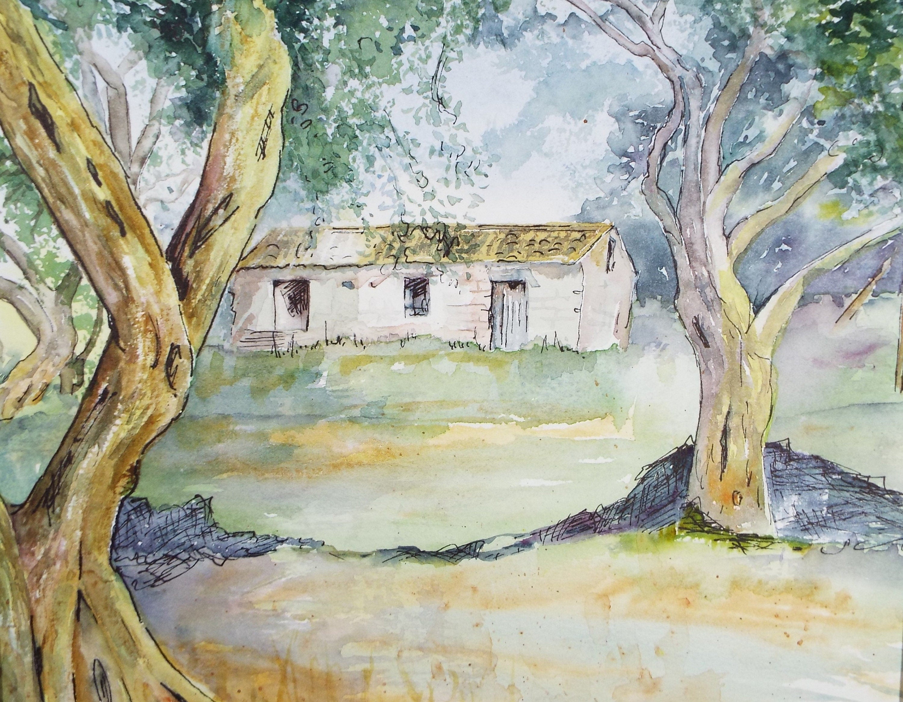 Original Watercolour on Paper, 'Greek Farmhouse with Olive Trees' circa 2003