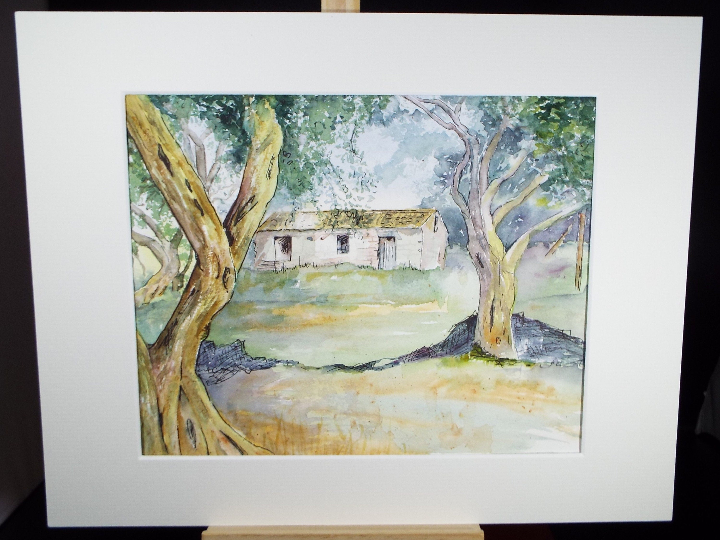 Original Watercolour on Paper, 'Greek Farmhouse with Olive Trees' circa 2003