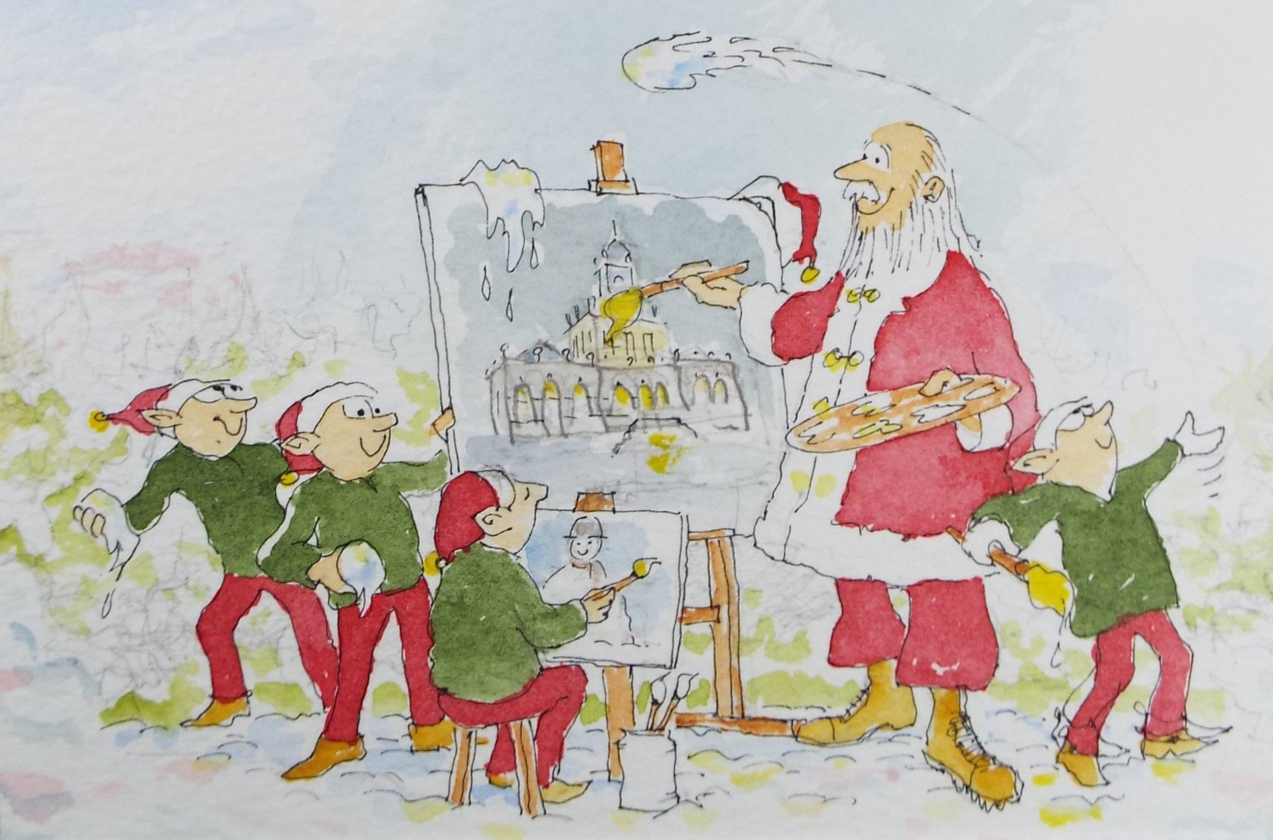 Original Watercolour, 'Santa and his Elves - art Class', Circa 2000, artist unknown