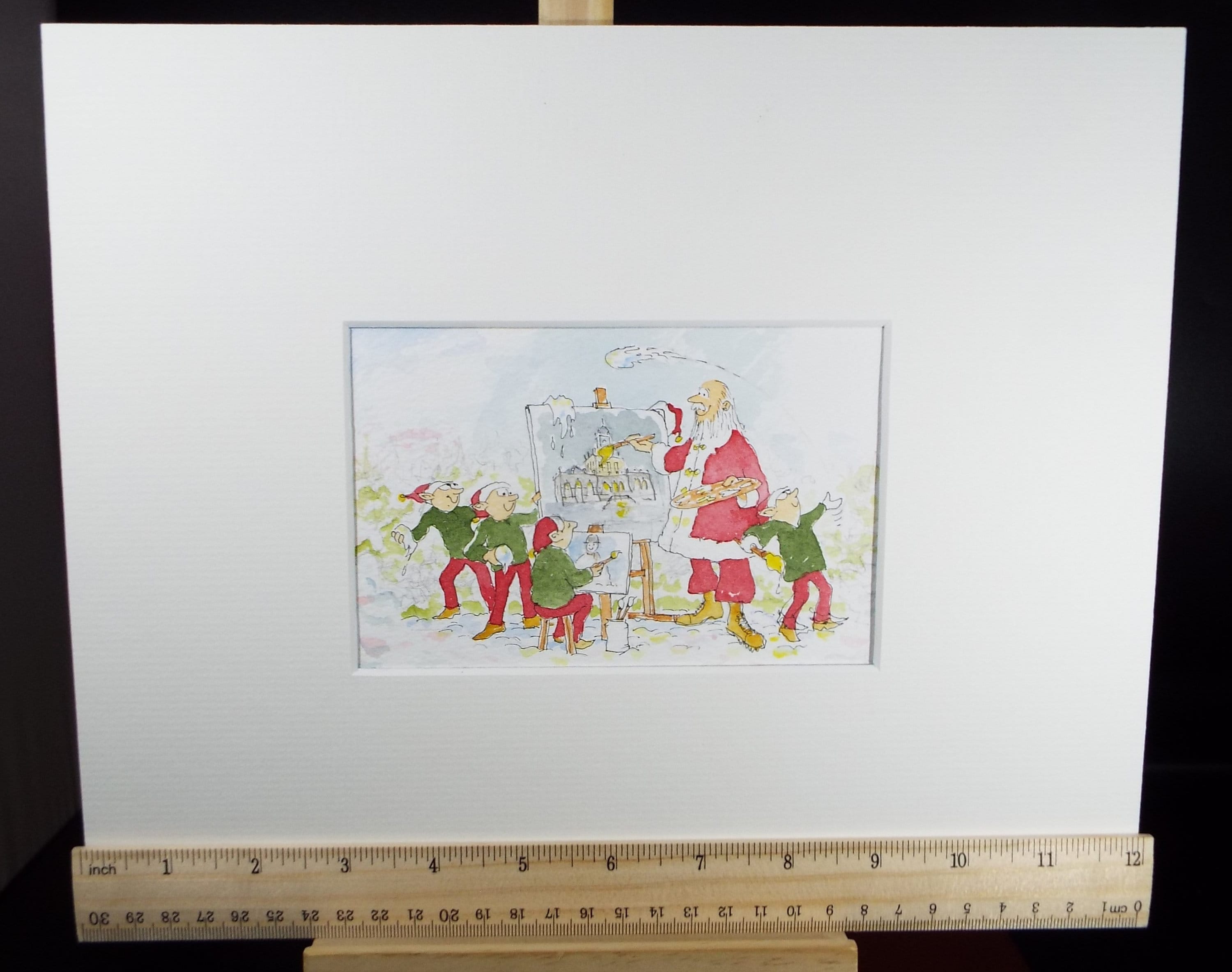 Original Watercolour, 'Santa and his Elves - art Class', Circa 2000, artist unknown