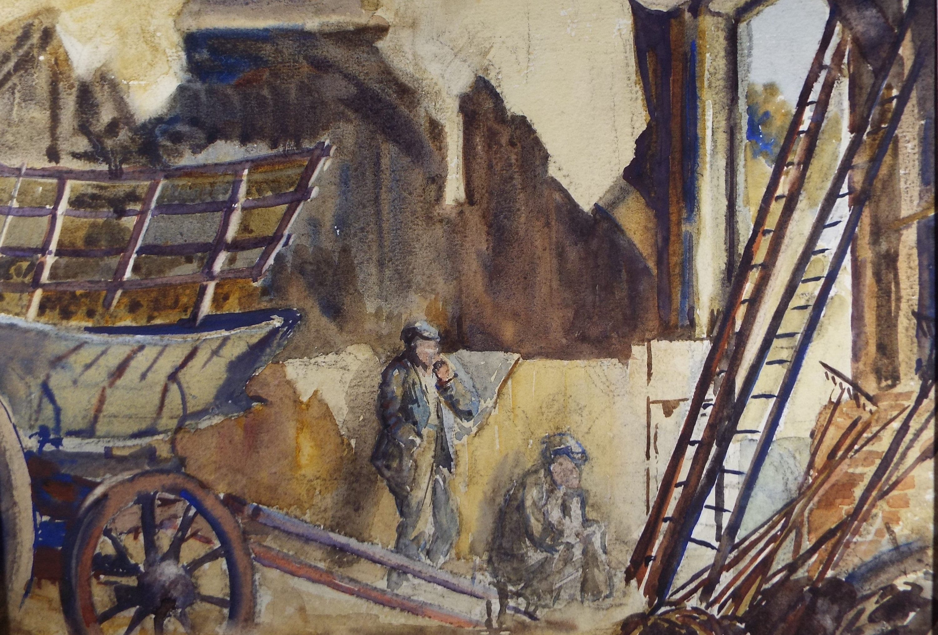 Original Watercolour, 'Barn with figures', Hilda Burford (1997-1957)