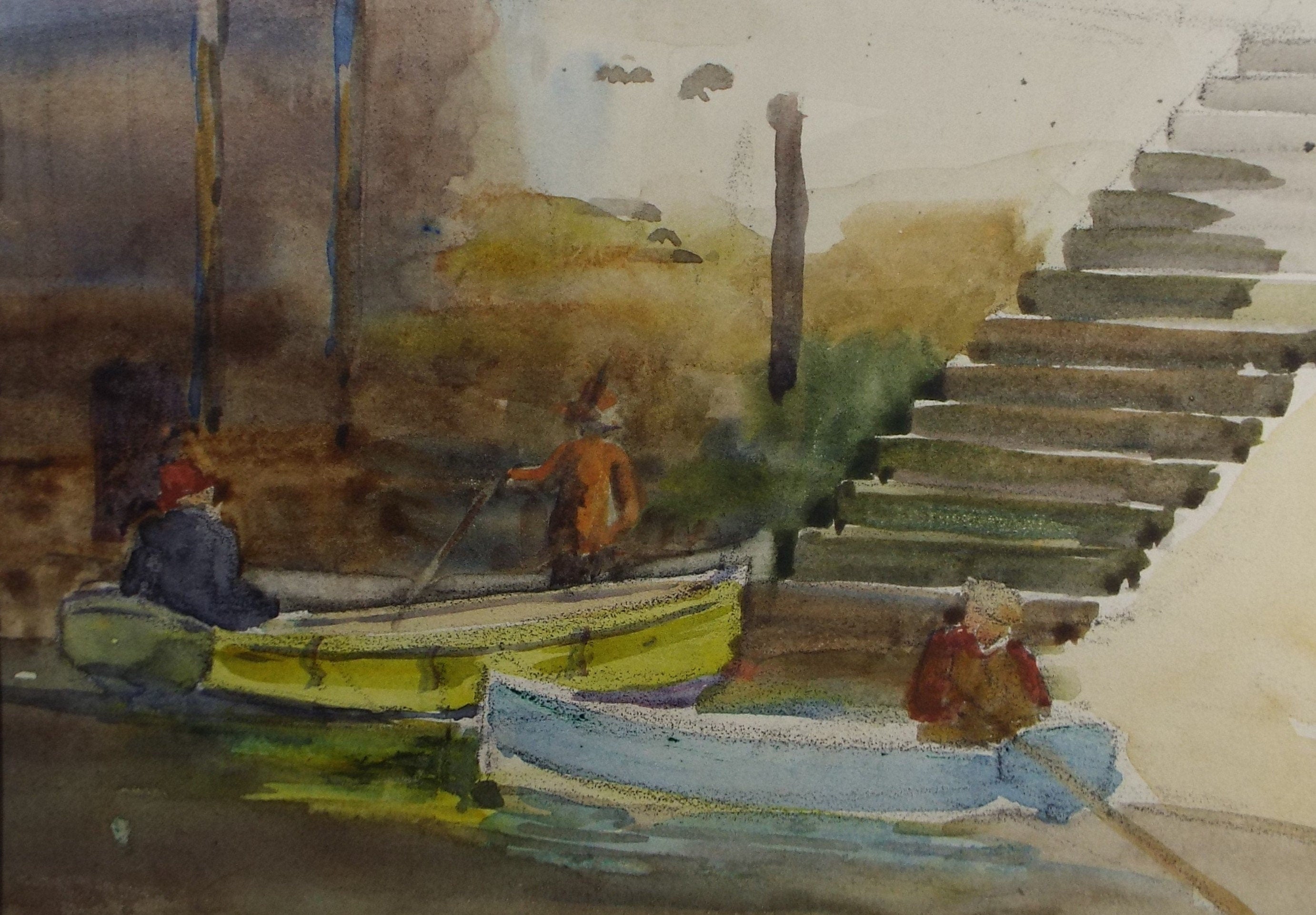 Original Watercolour, 'Loo Fishermen', circa 1940's, Hilda Burford (1887-1957)