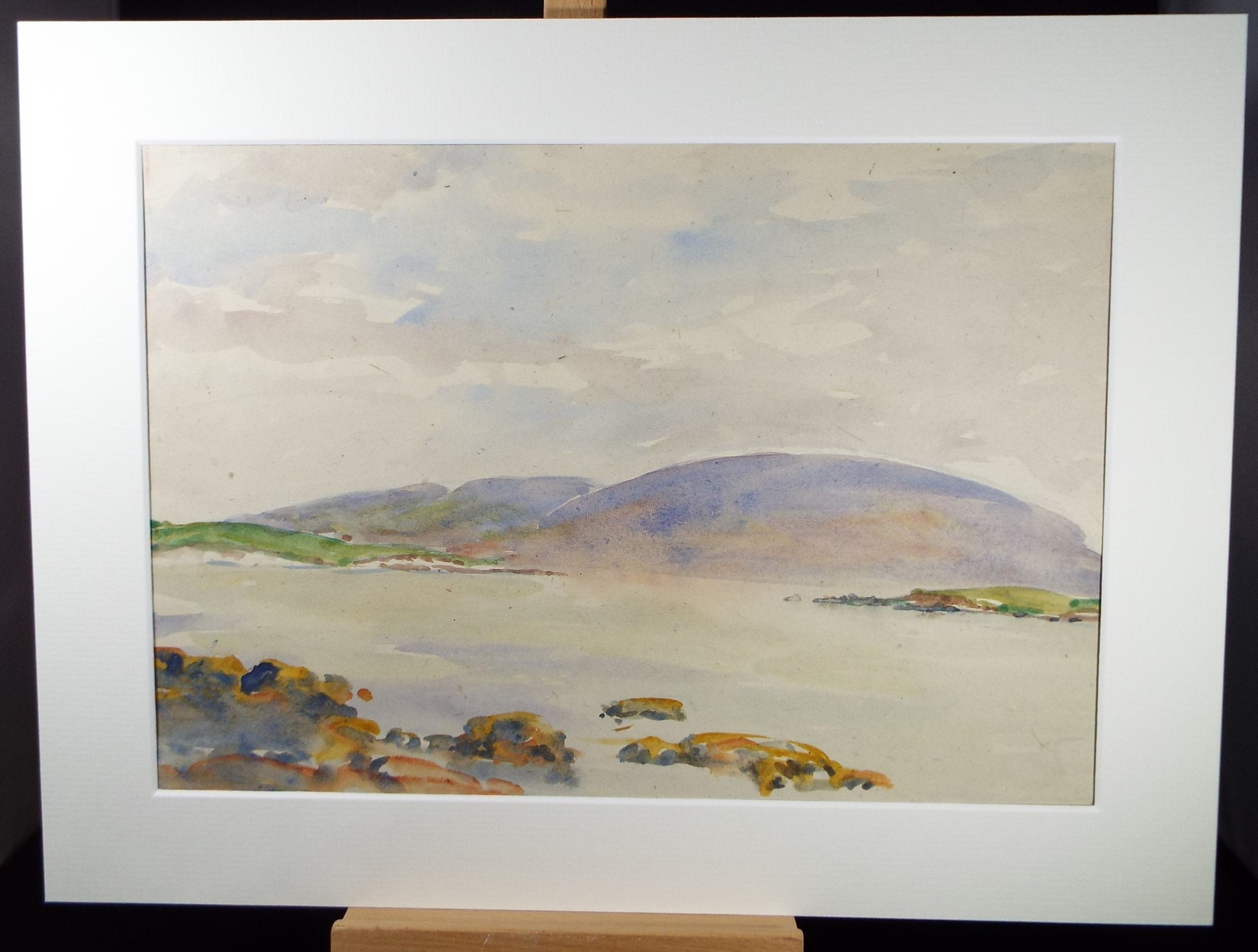 Original Watercolour, 'Coast with distant hills', Circa 1950's , Hilda Burford (1887-1957)