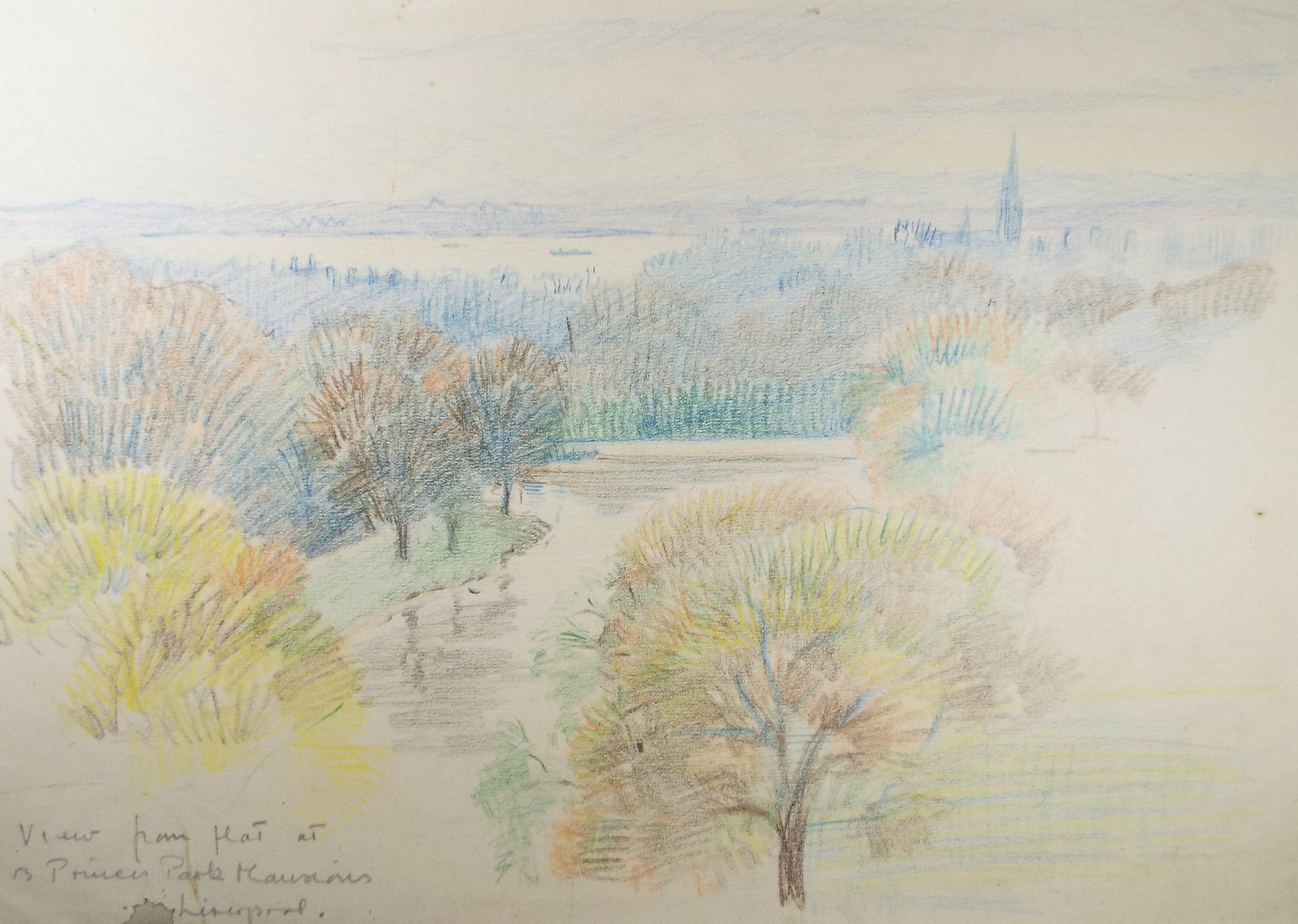 Original Coloured Pencil 'View from Flat - Liverpool, Circa 1940's , Hilda Burford (1887-1957)