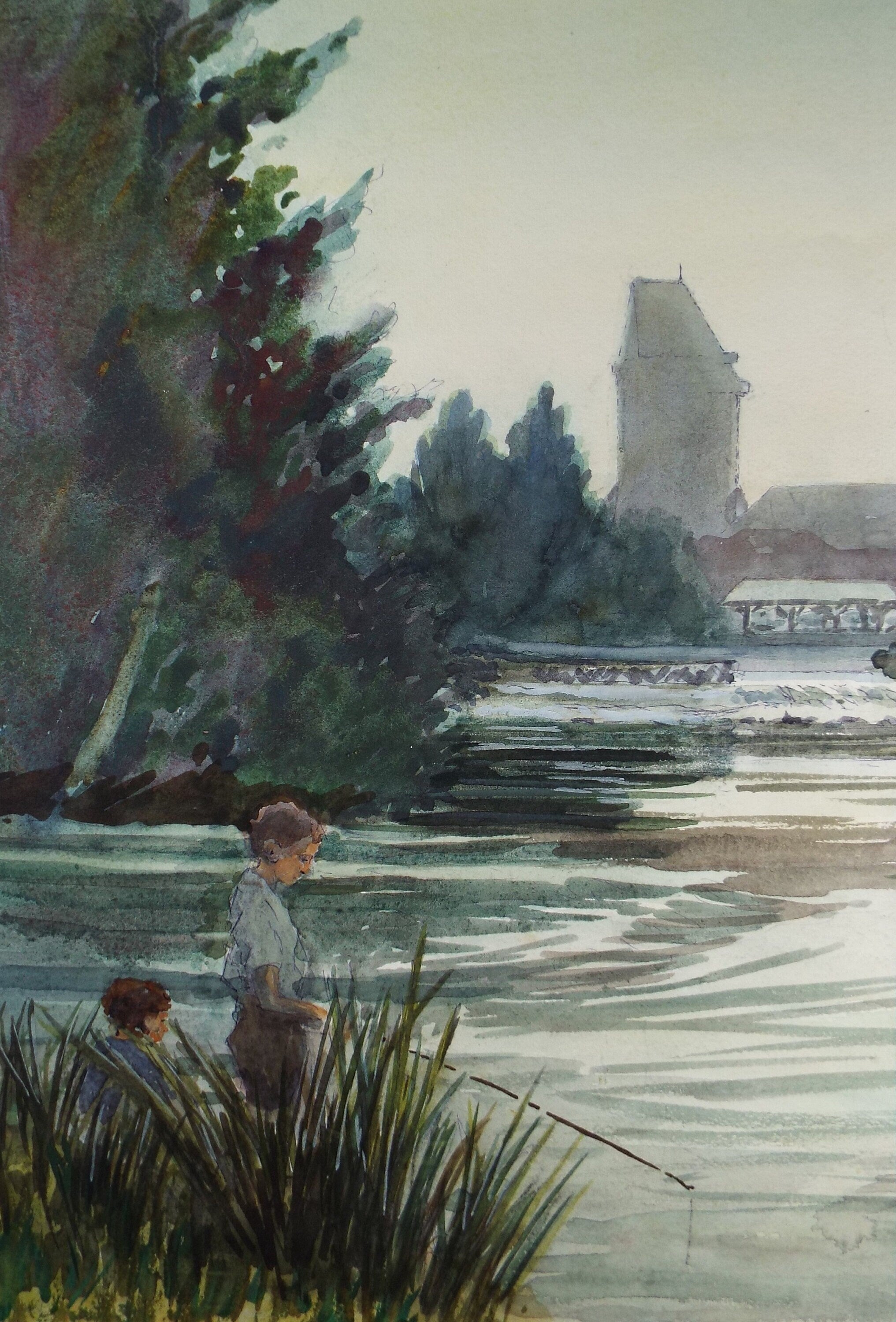 Original Watercolour, 'Boys Fishing',circa 1940's, Hilda Burford (1887-1957)