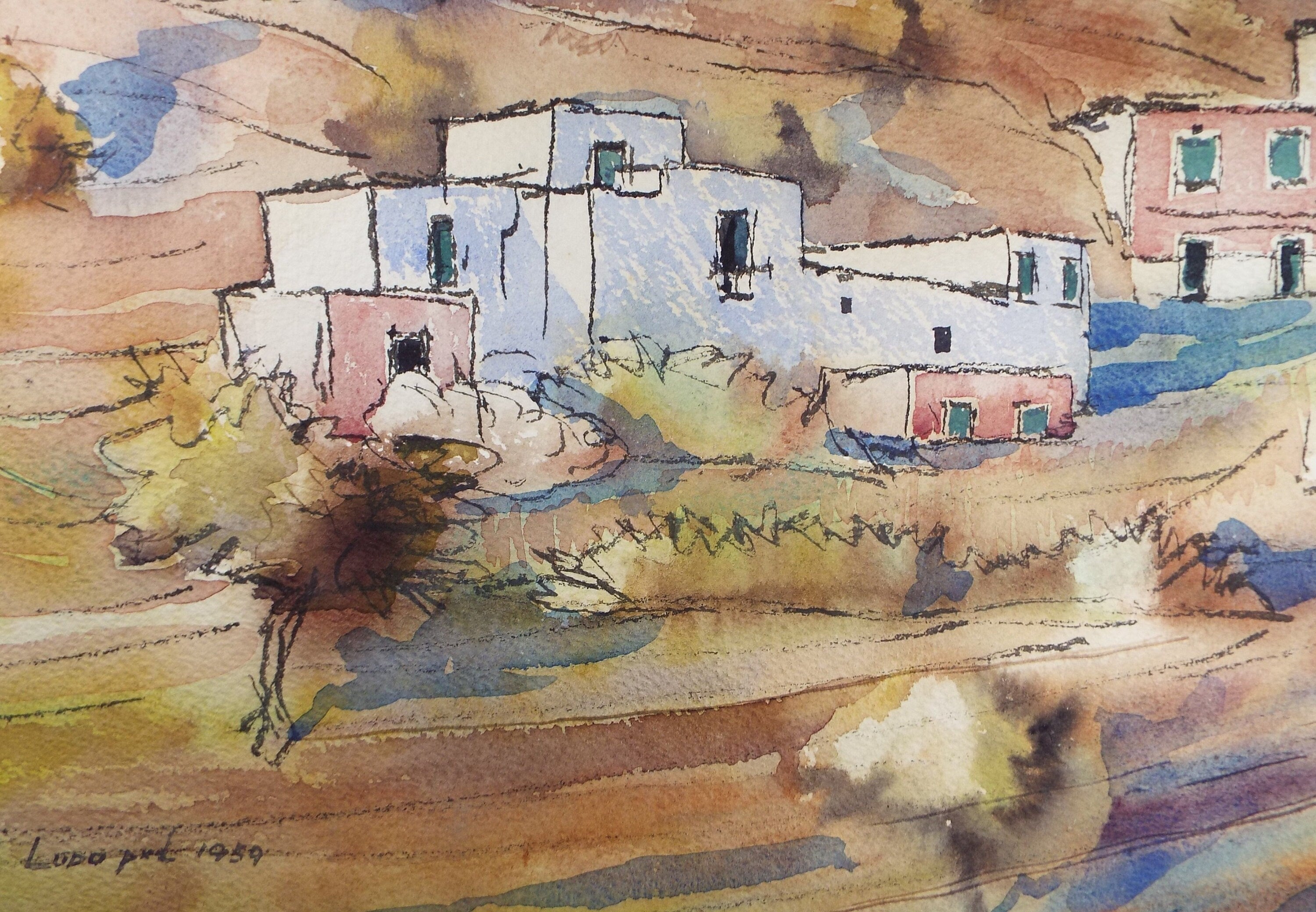 Original Watercolour, 'Greek Island', Dated 1959, Artist Unknown