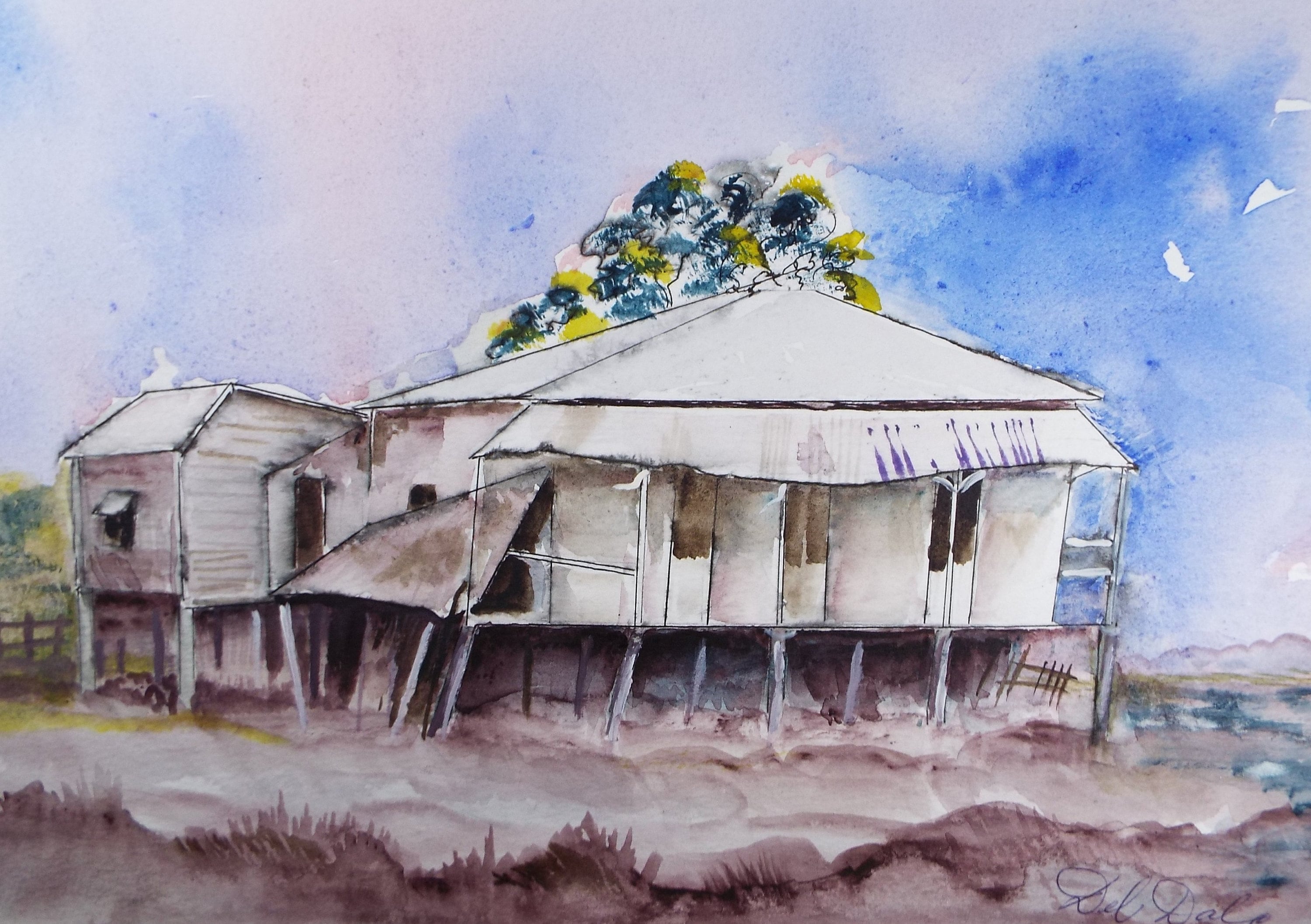 Original Watercolour, 'African Lodge',c1990's, Del Dale