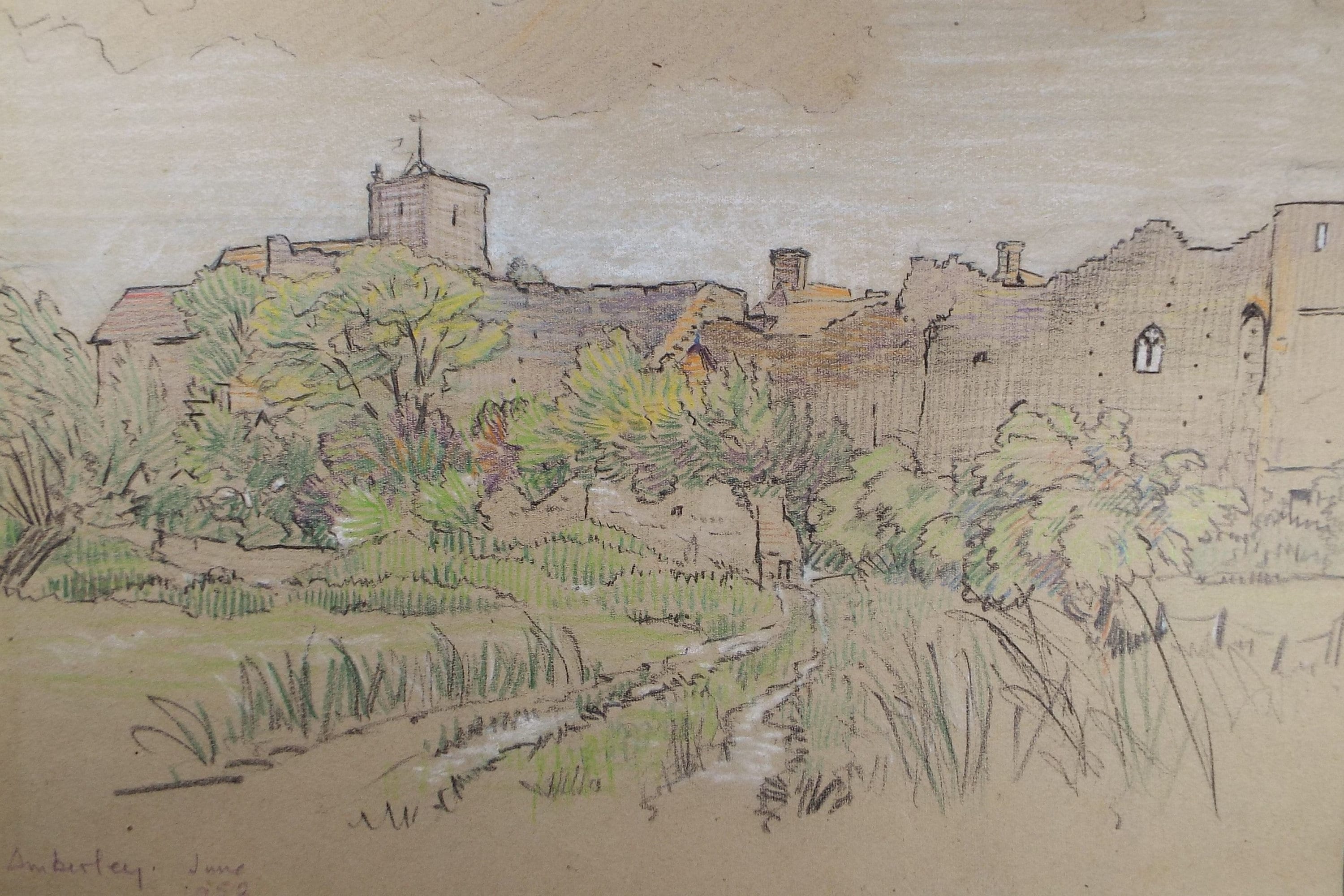 Original coloured Pencil, 'Amberley', Circa 1950's , Hilda Burford (1887-1957)