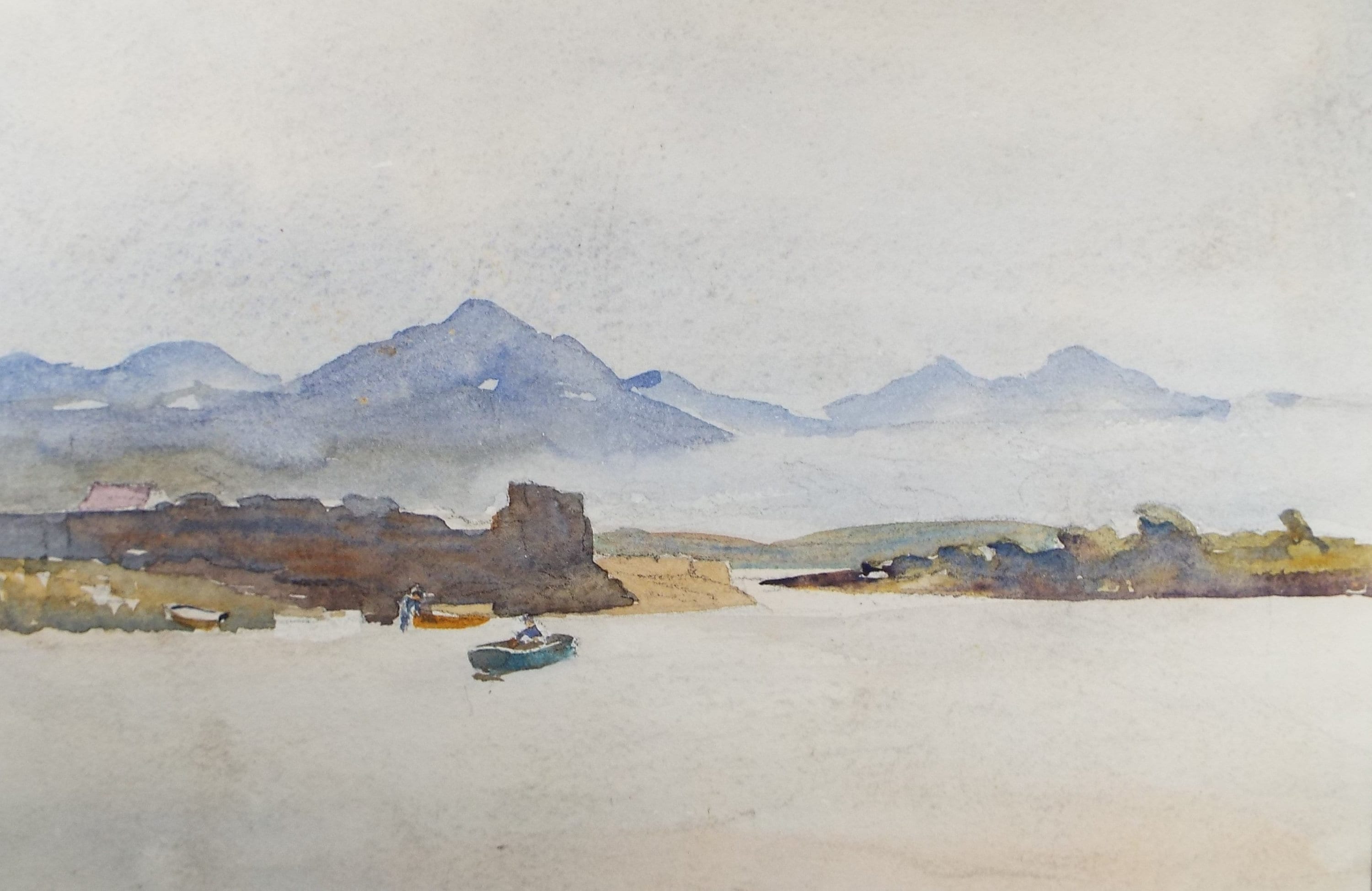 Original Watercolour, 'Coast with boats and figures', Circa 1950's , Hilda Burford (1887-1957)