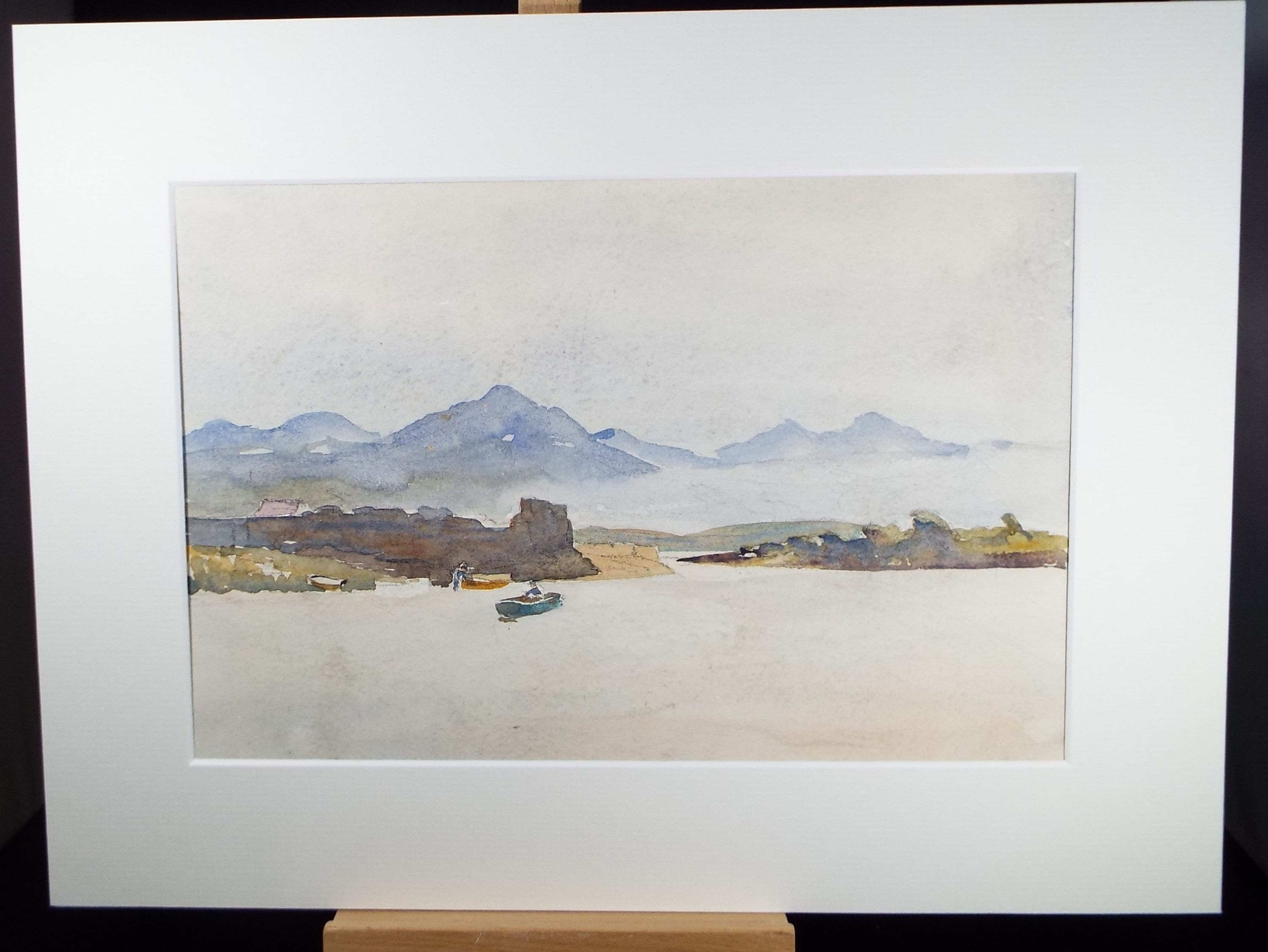 Original Watercolour, 'Coast with boats and figures', Circa 1950's , Hilda Burford (1887-1957)