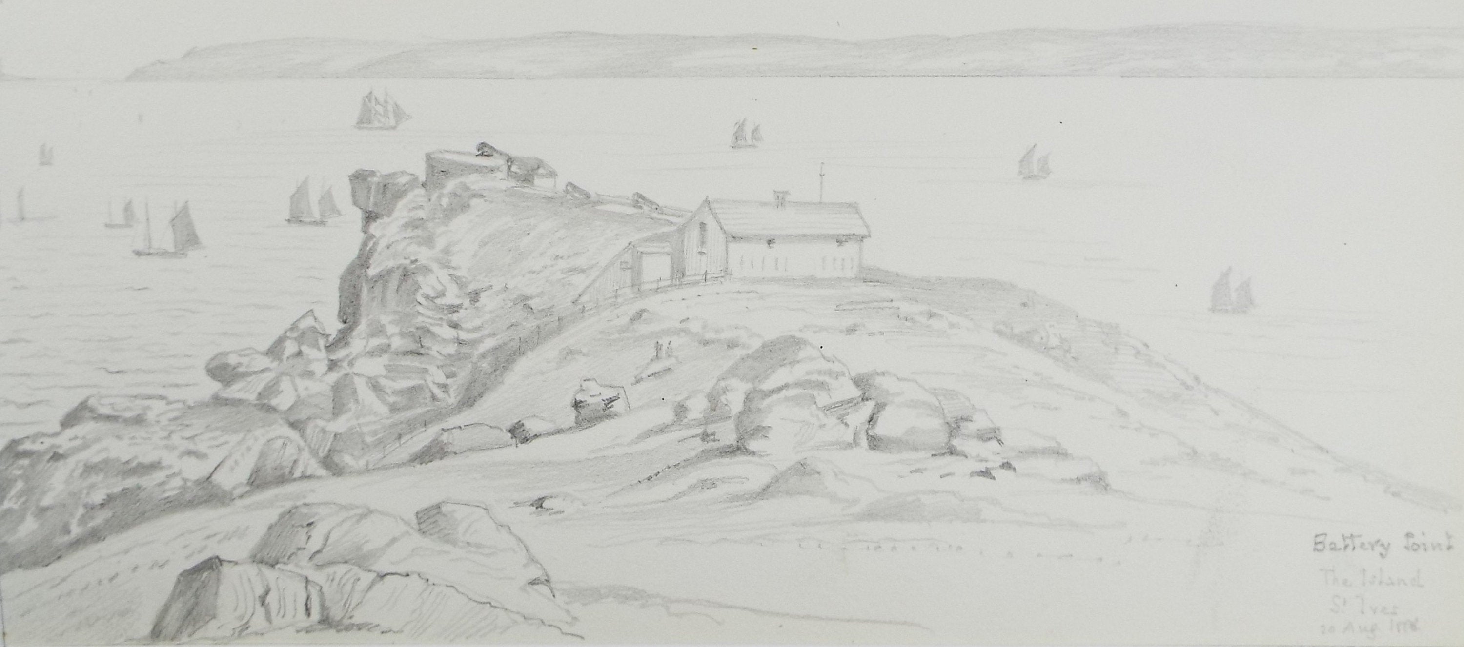 Original Pencil Drawing, 'The Island, St Ives' dated 1888, Artist unknown