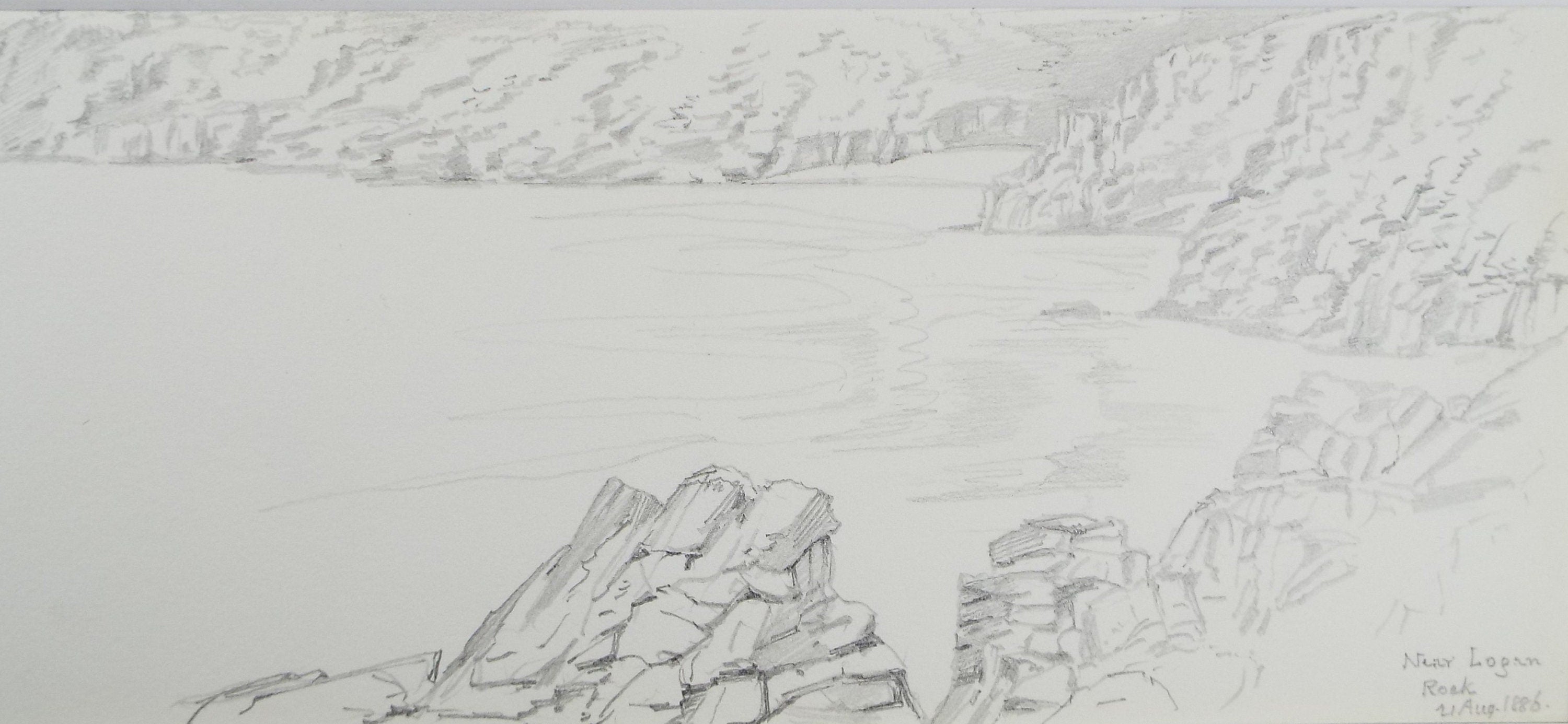 Original Pencil Drawing, 'Near Logan Rock' dated 1886, Artist unknown