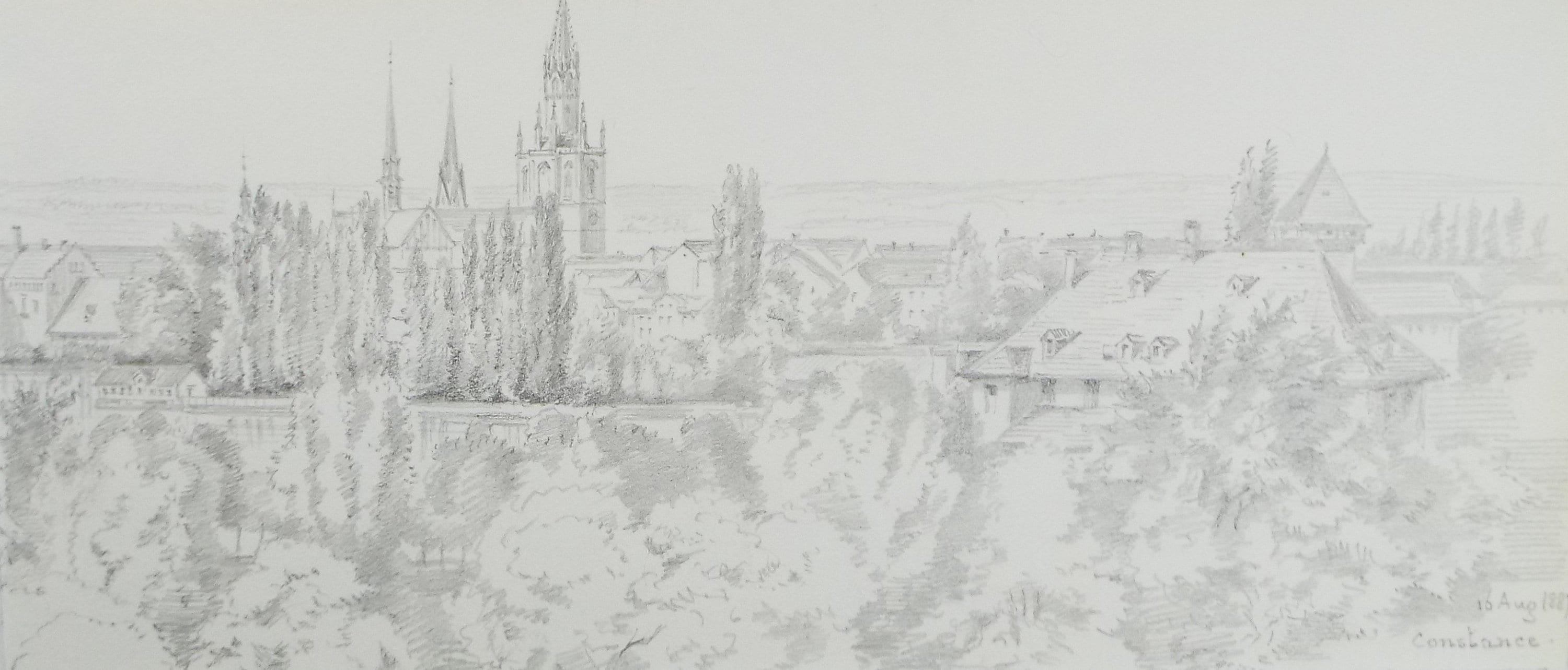 Original Pencil Drawing, 'Constance (Konstanz)', dated 1887, Artist unknown