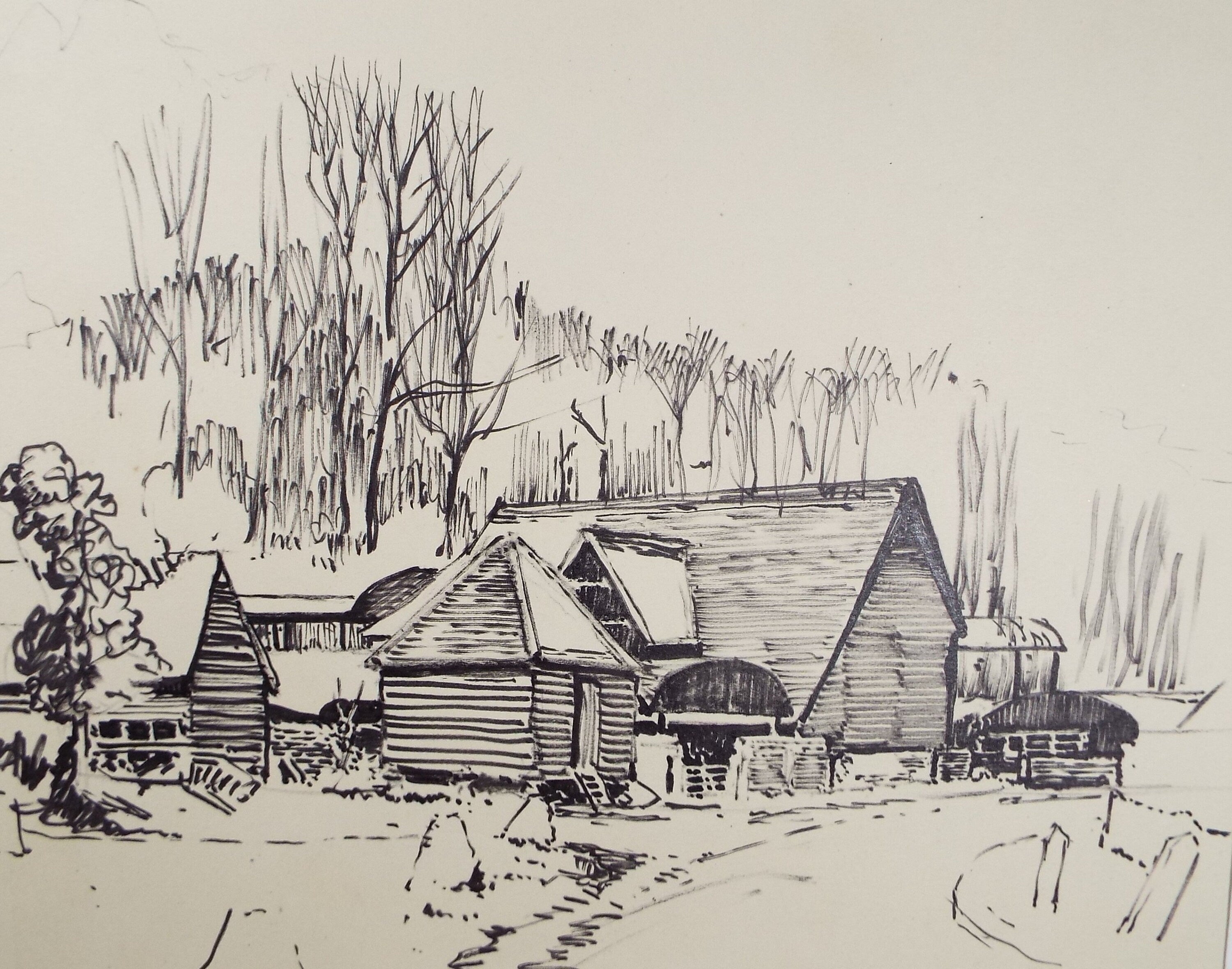 Original Pen & Ink , 'Weatherboarded Barns' , Hilda Burford (1887-1957)