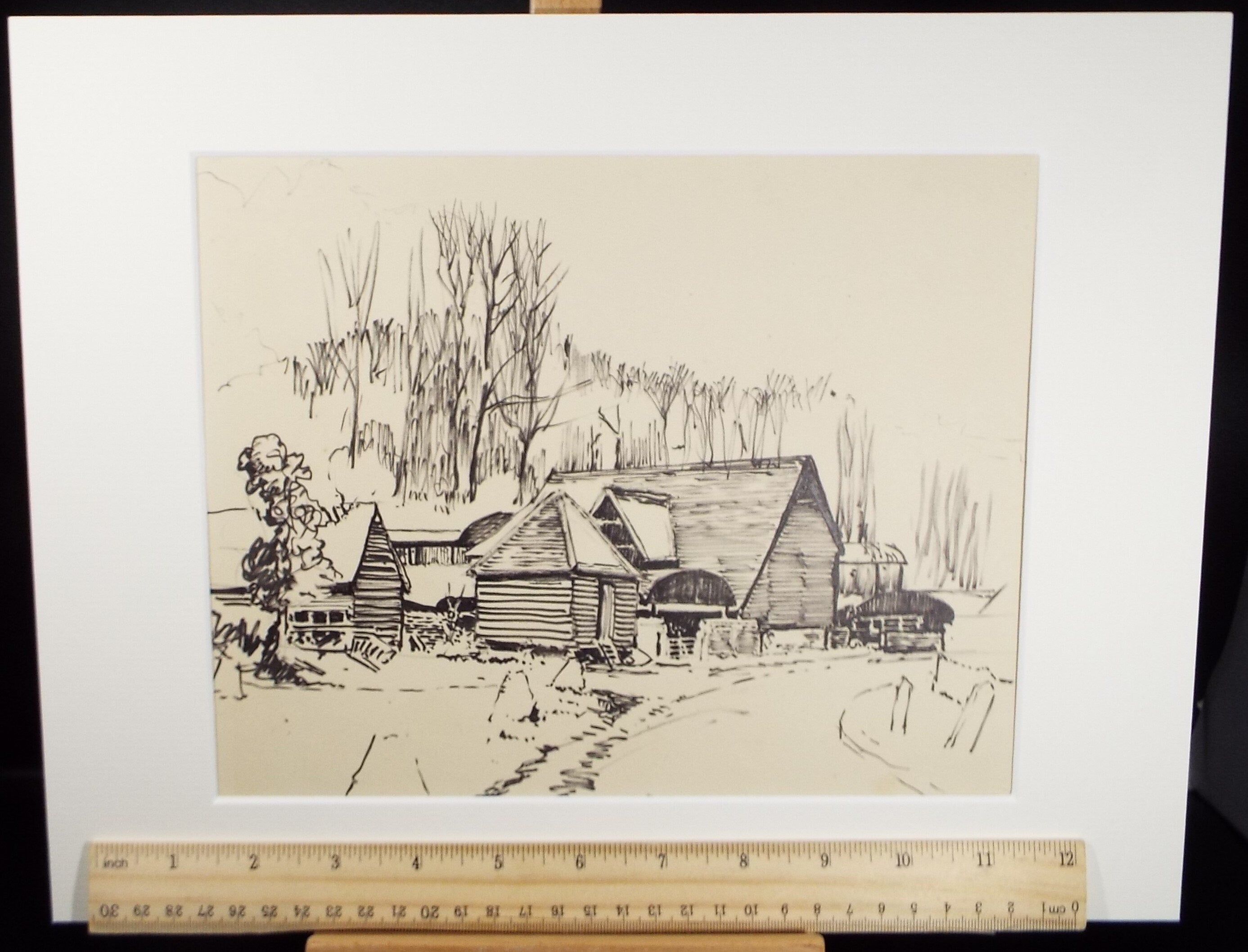 Original Pen & Ink , 'Weatherboarded Barns' , Hilda Burford (1887-1957)