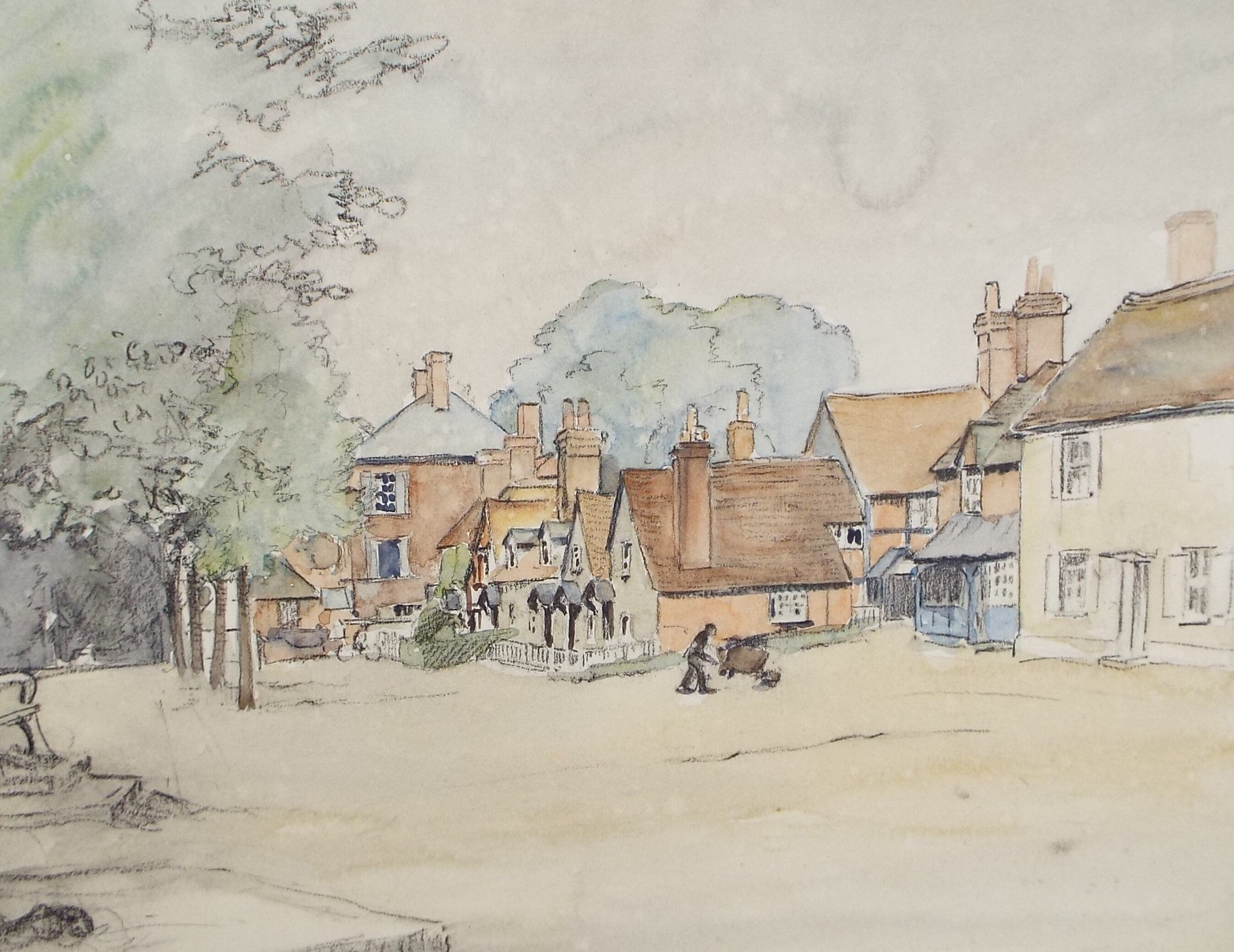 Original Watercolour, 'Street with figure' circa 1940's , Hilda Burford (1887-1957)