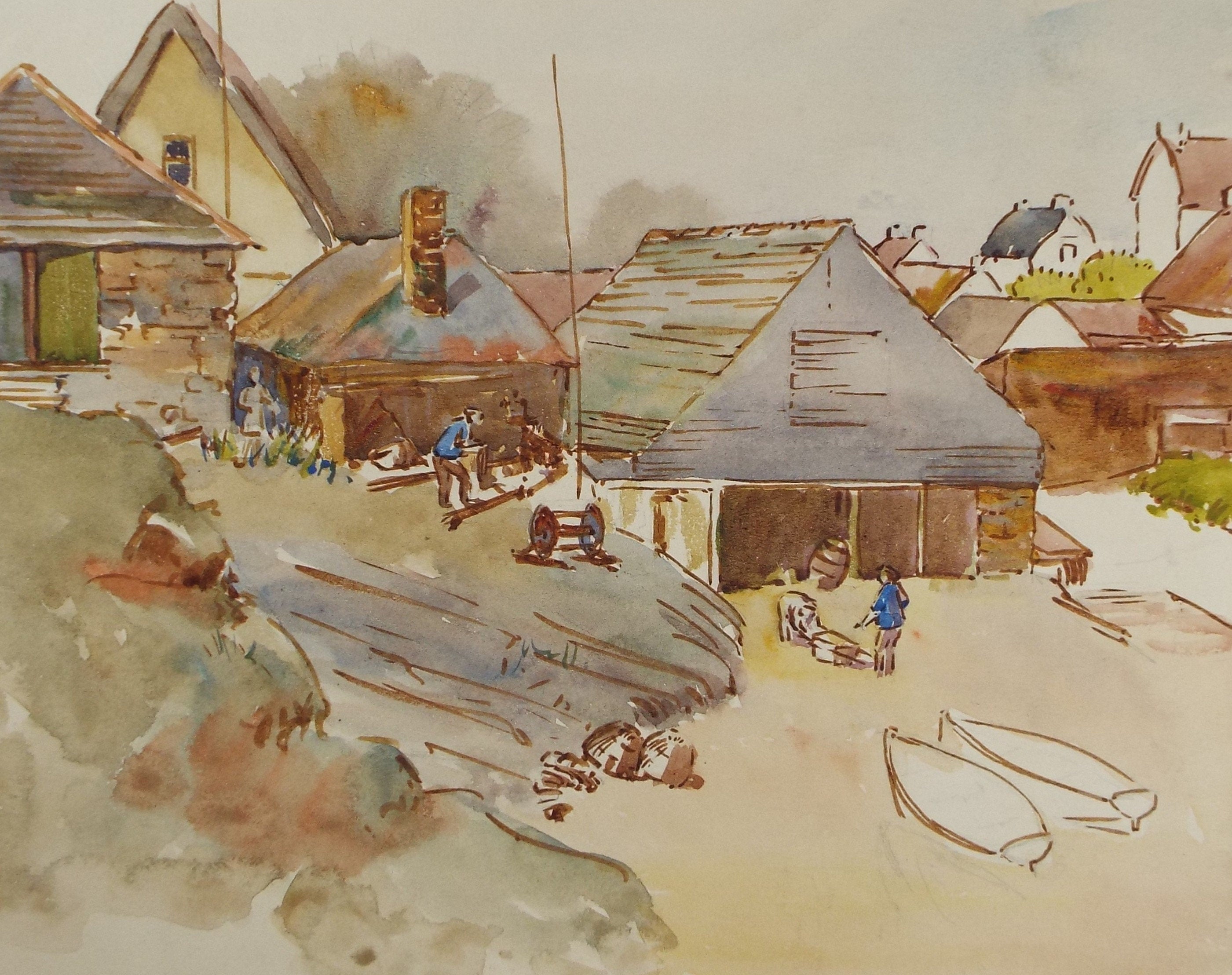 Original Watercolour 'The Shiprights', circa 1940's, Hilda Burford (1887-1957)