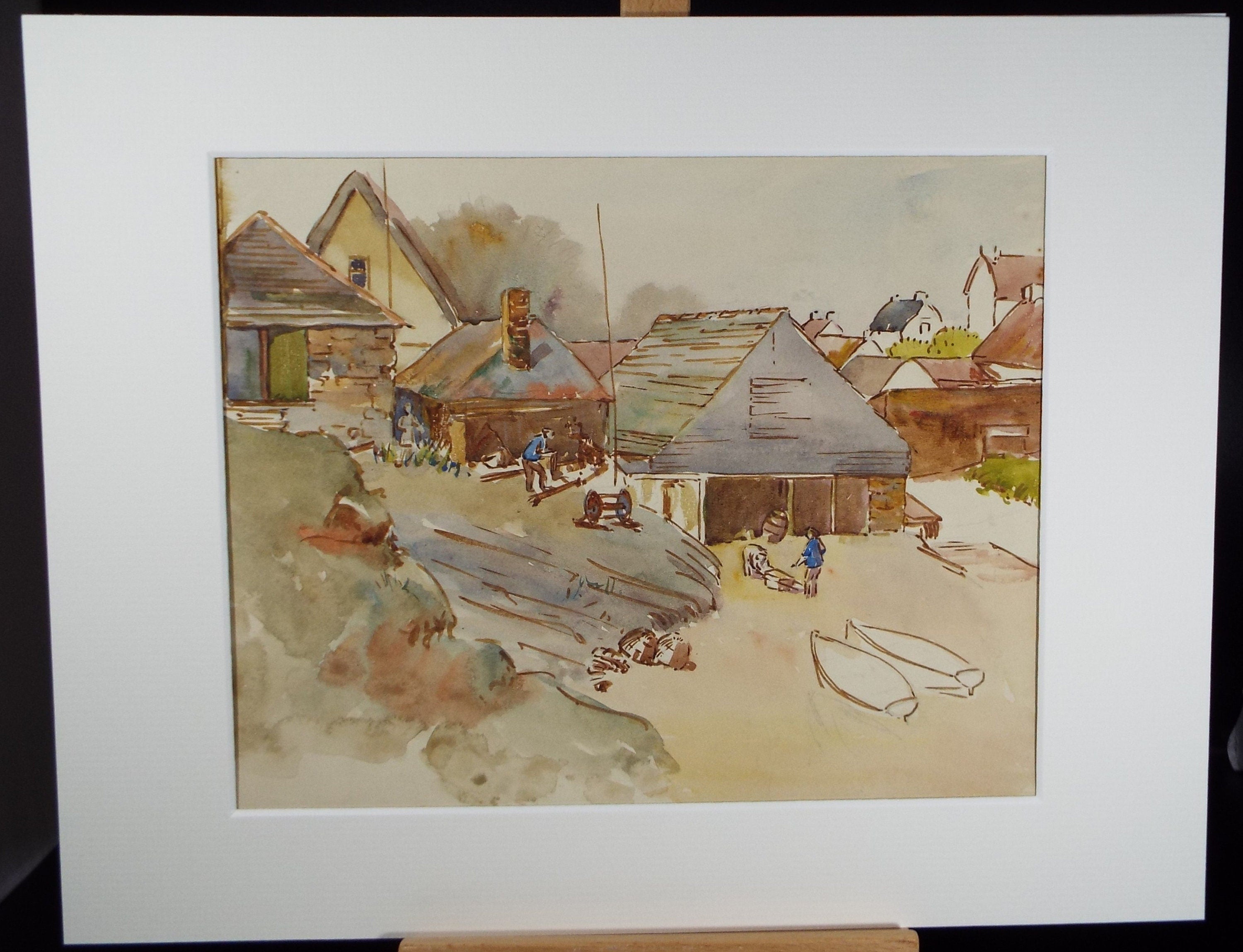 Original Watercolour 'The Shiprights', circa 1940's, Hilda Burford (1887-1957)