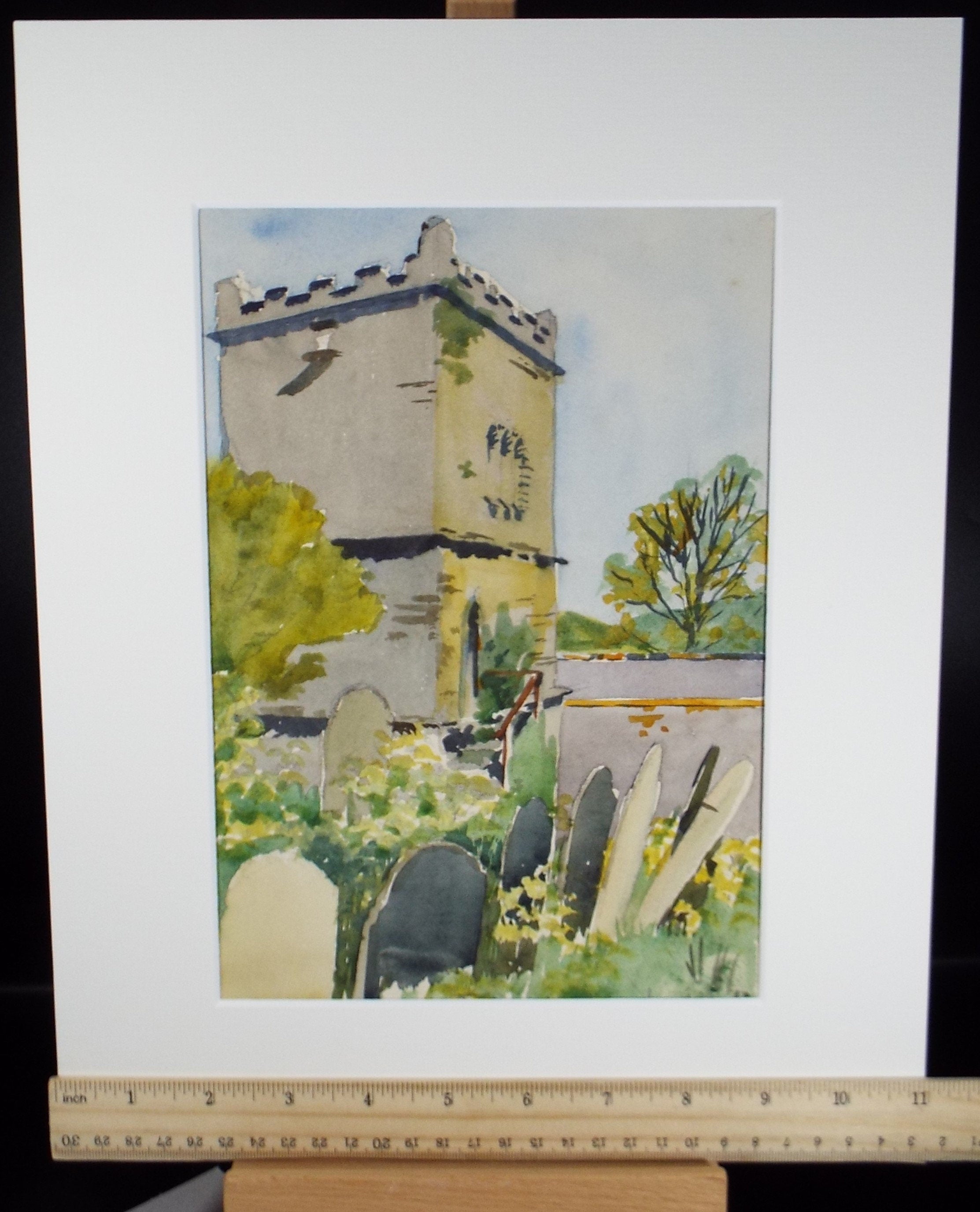 Original Watercolour, 'Church & Church Yard', c1950, Hilda Burford (1997-1957)