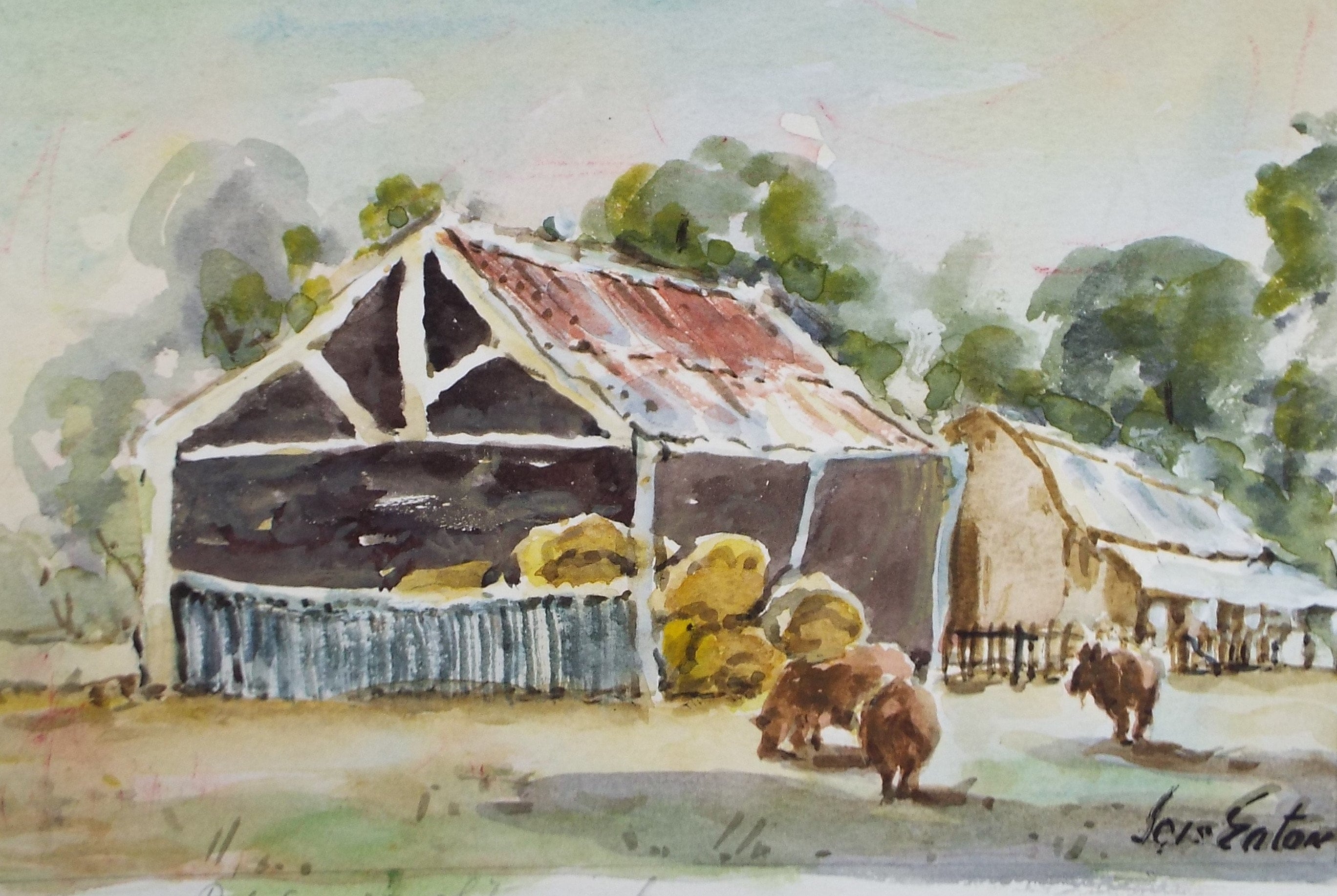 Original Watercolour, 'Barns with farm animals', Circa 1960's ,Artist Unknown