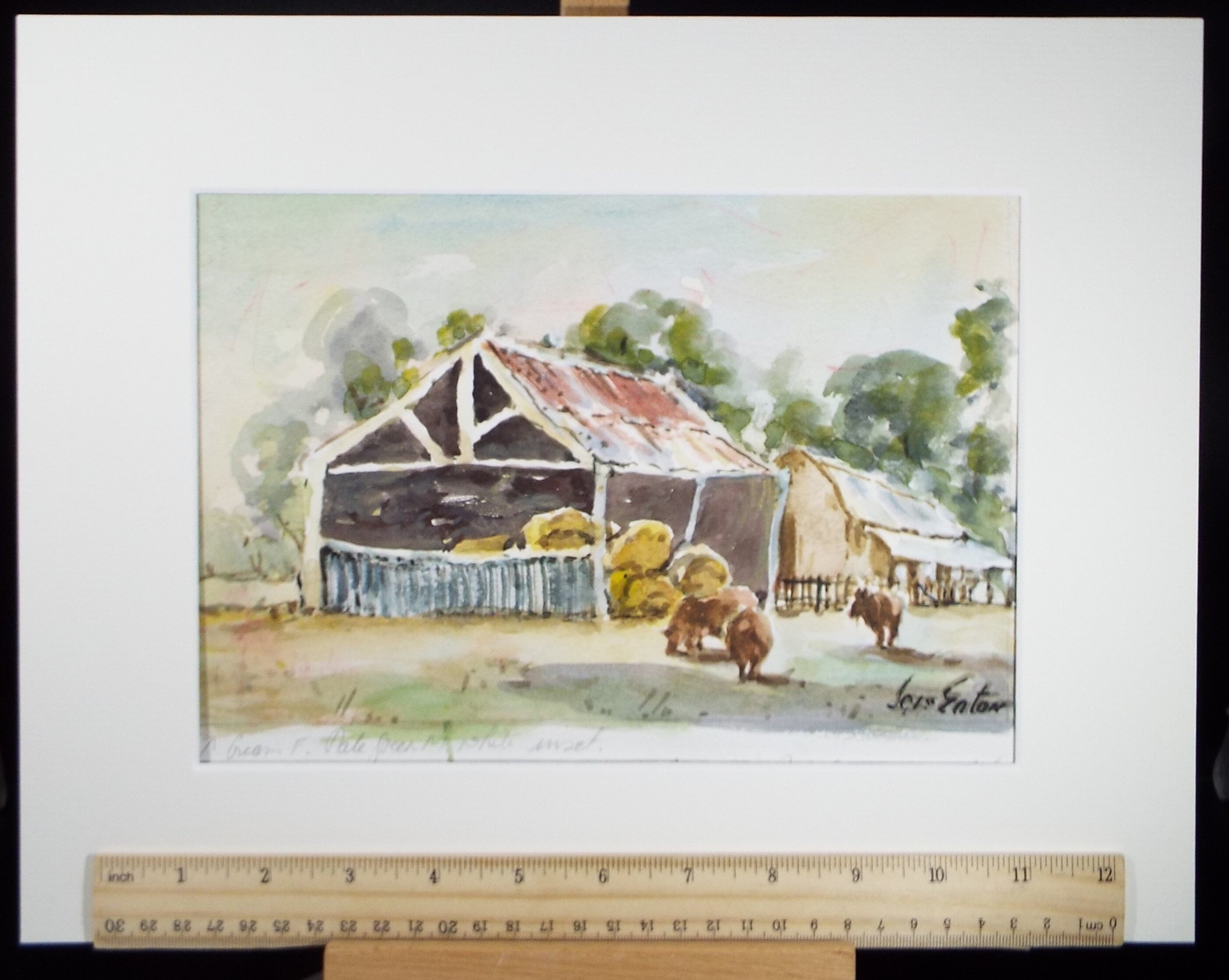 Original Watercolour, 'Barns with farm animals', Circa 1960's ,Artist Unknown