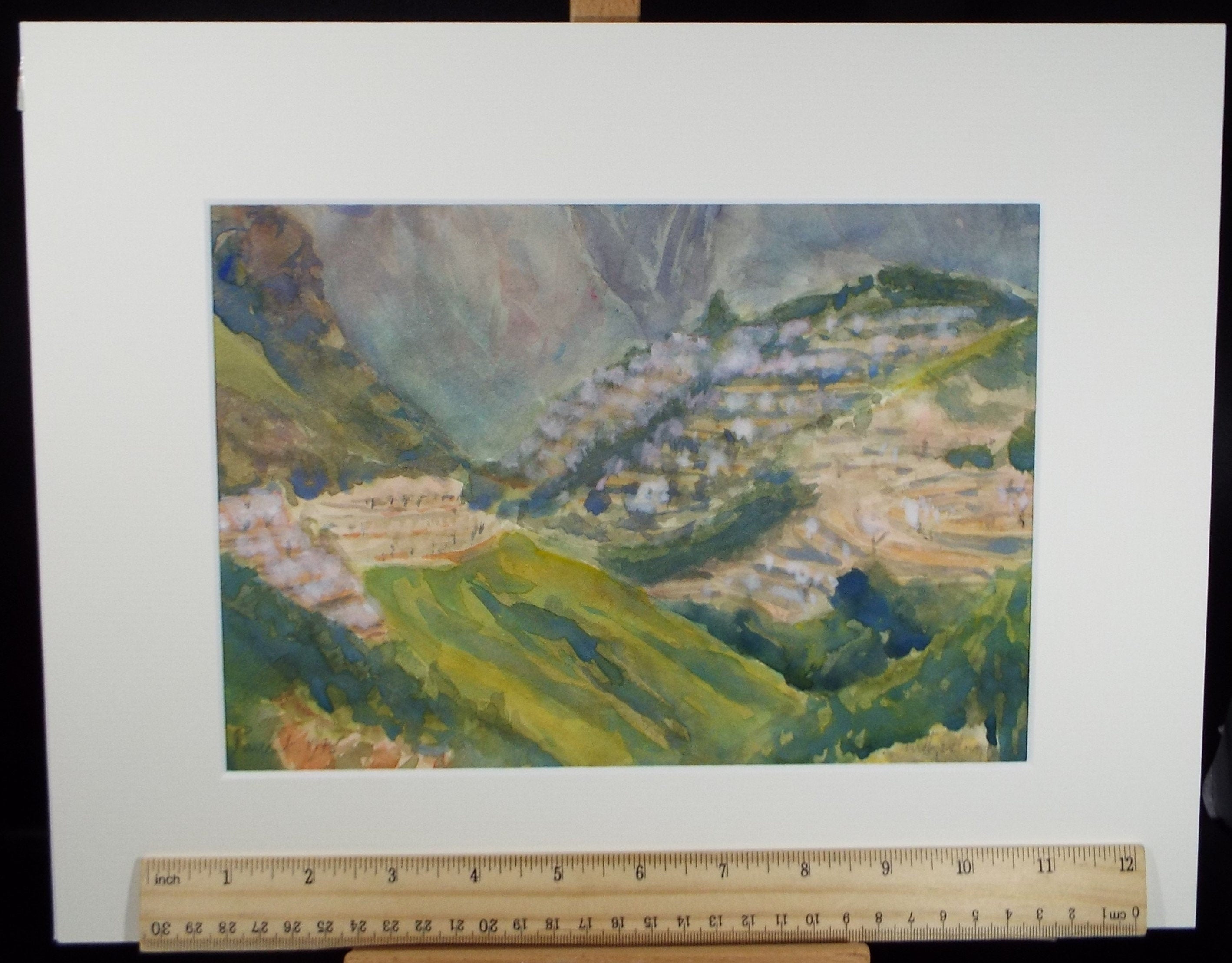 Original Watercolour, ' Hillside Village', circa 1990's, Dorothy Litherland.